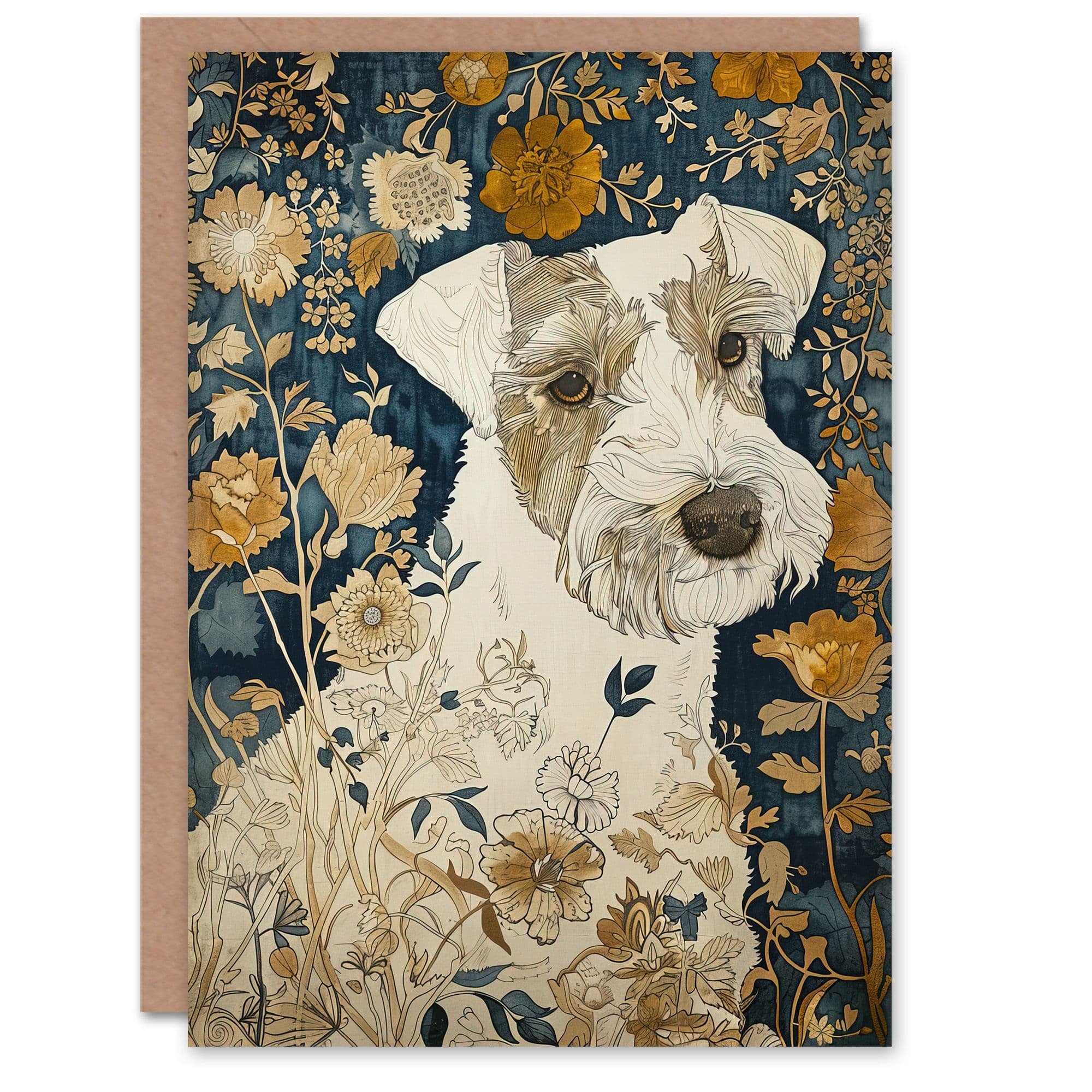 Dog Wildflowers Painting Blue Ochre Animal Lover Greeting Card