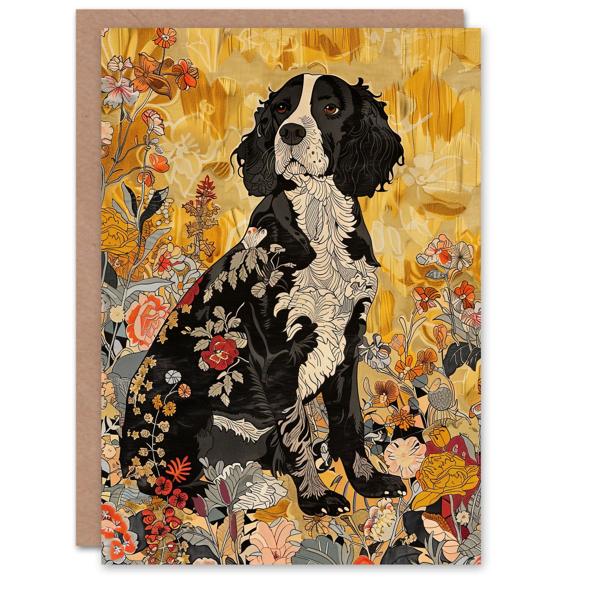 Spaniel Wildflowers Portrait Floral Animal Greeting Card Birthday