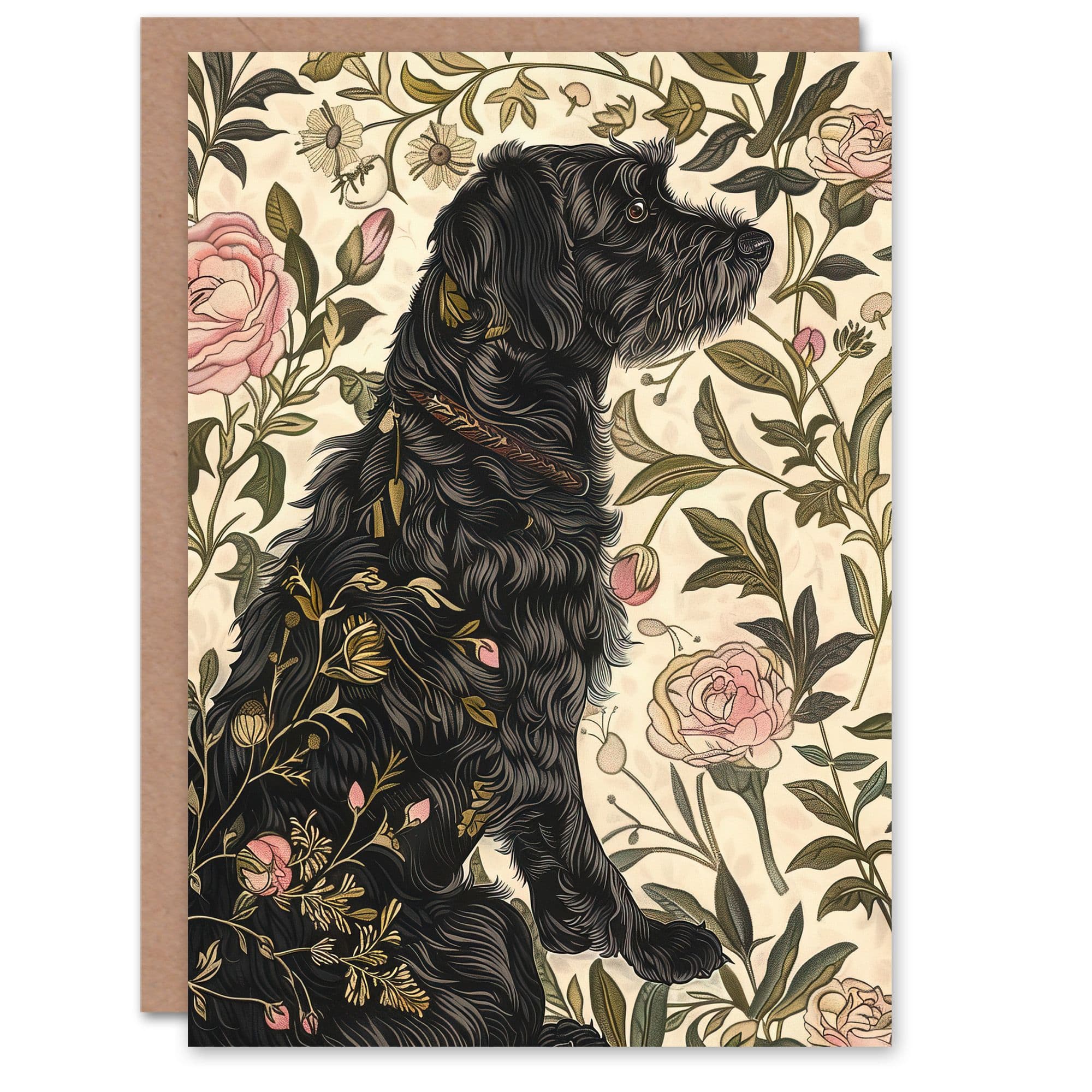 Dog Carnations Painting Botanical Vintage Greeting Card Birthday