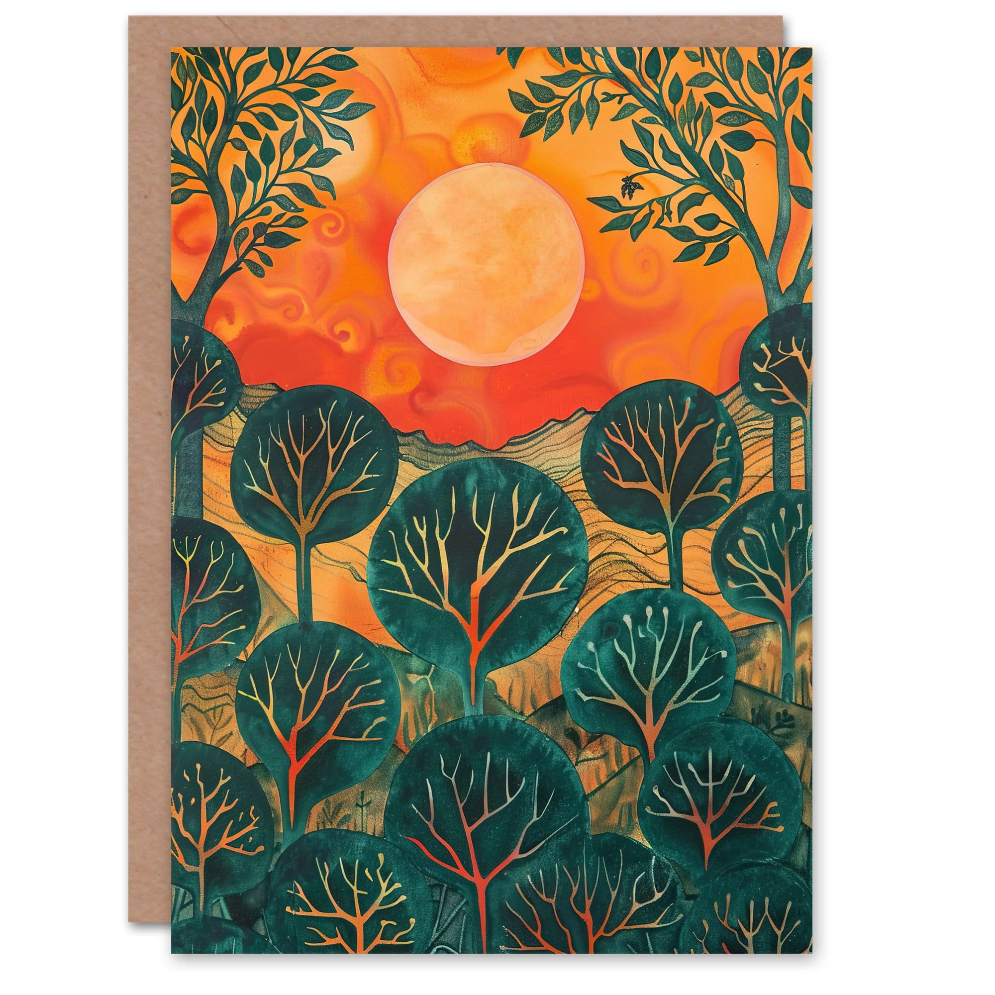Warm Sunrise Over Forest Painting Nature Greeting Card Birthday