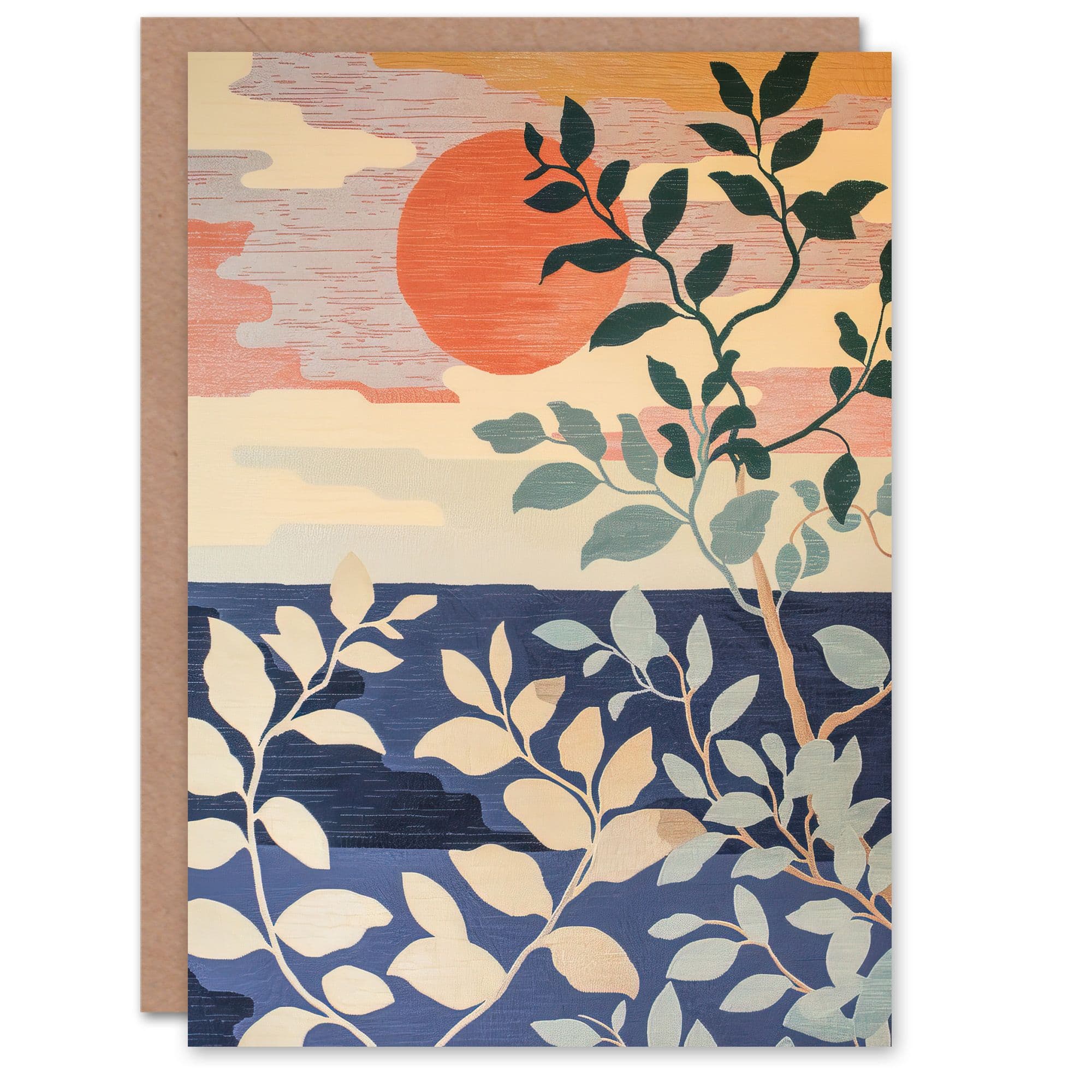 Sunset in Coastal Trees Painting Zen Calm Warm Greeting Card Birthday