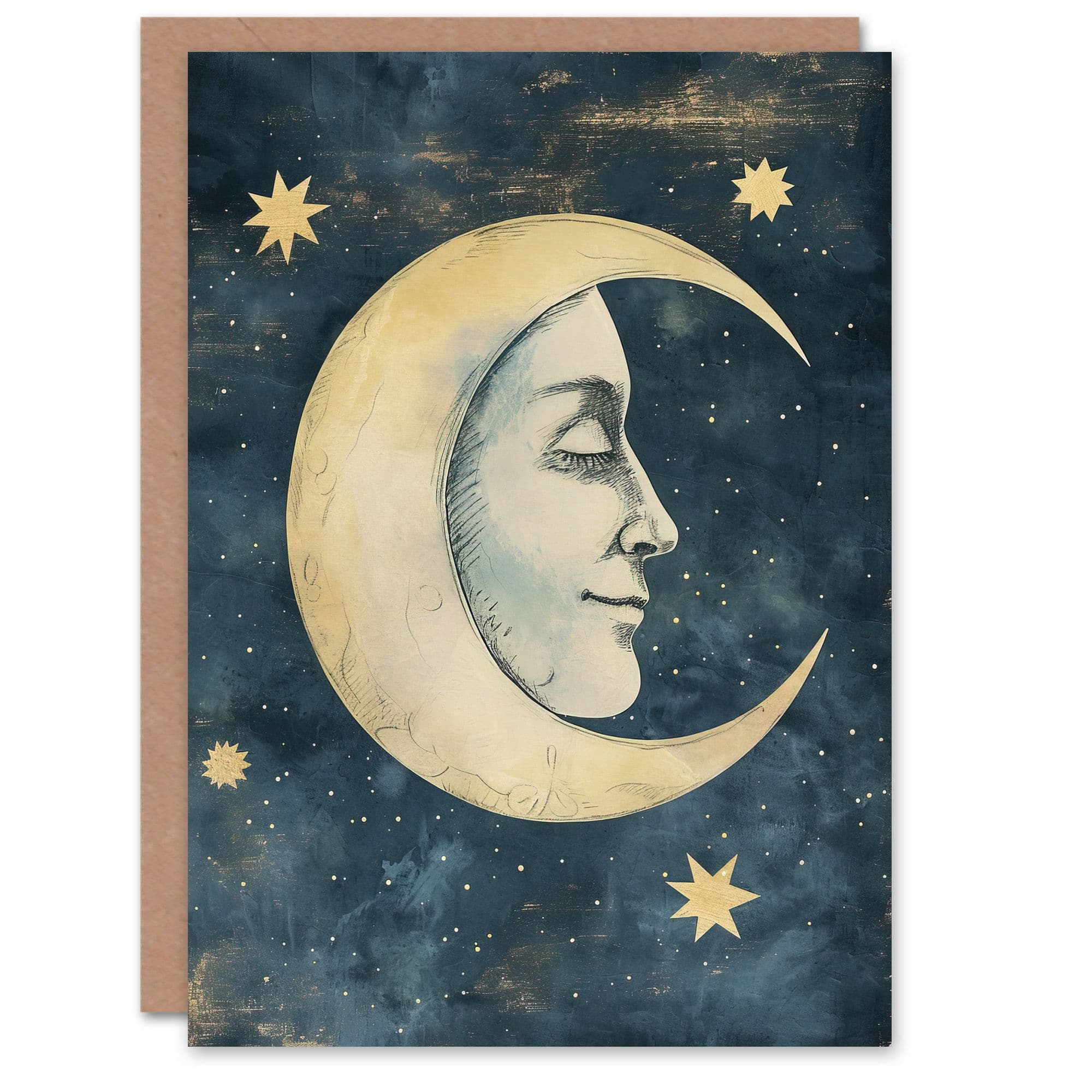Man Moon Stars Drawing Vintage Peaceful Greeting Card Birthday