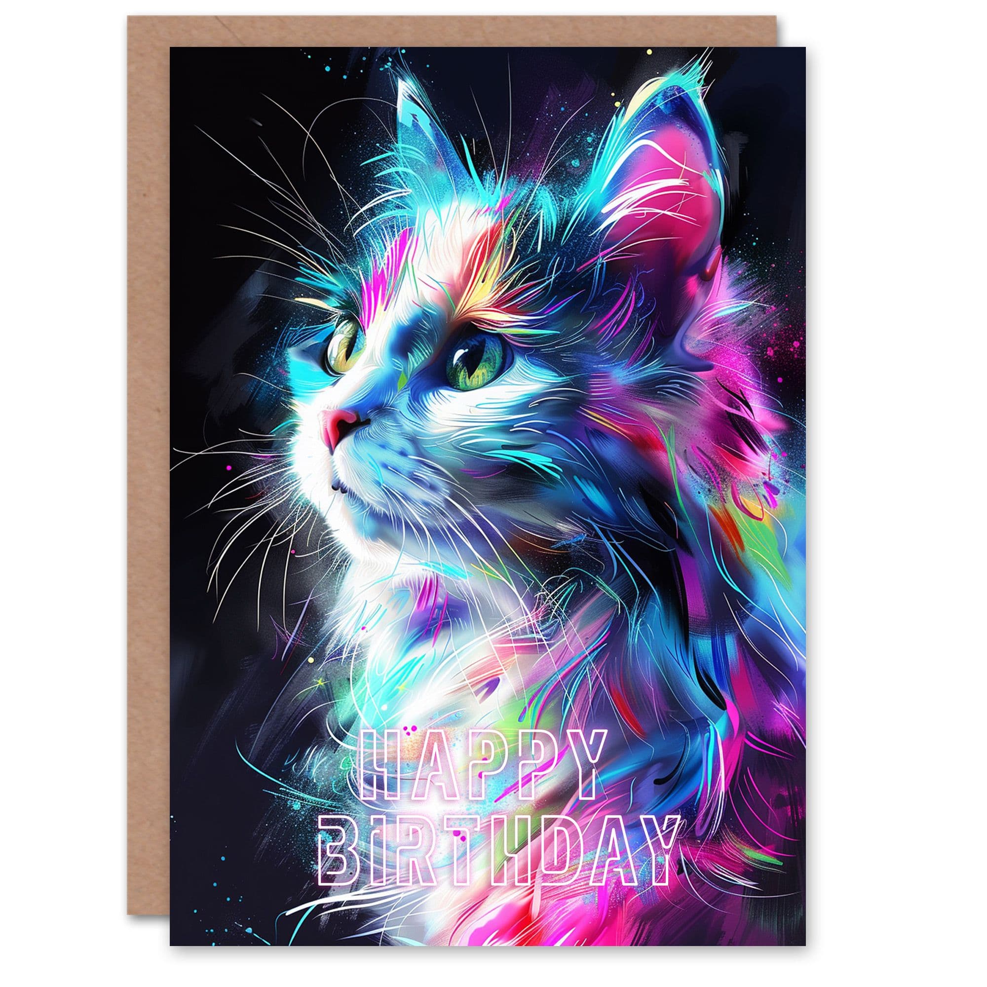 Birthday Card Cat Lover Colourful Neon Kitty Portrait Greeting Card