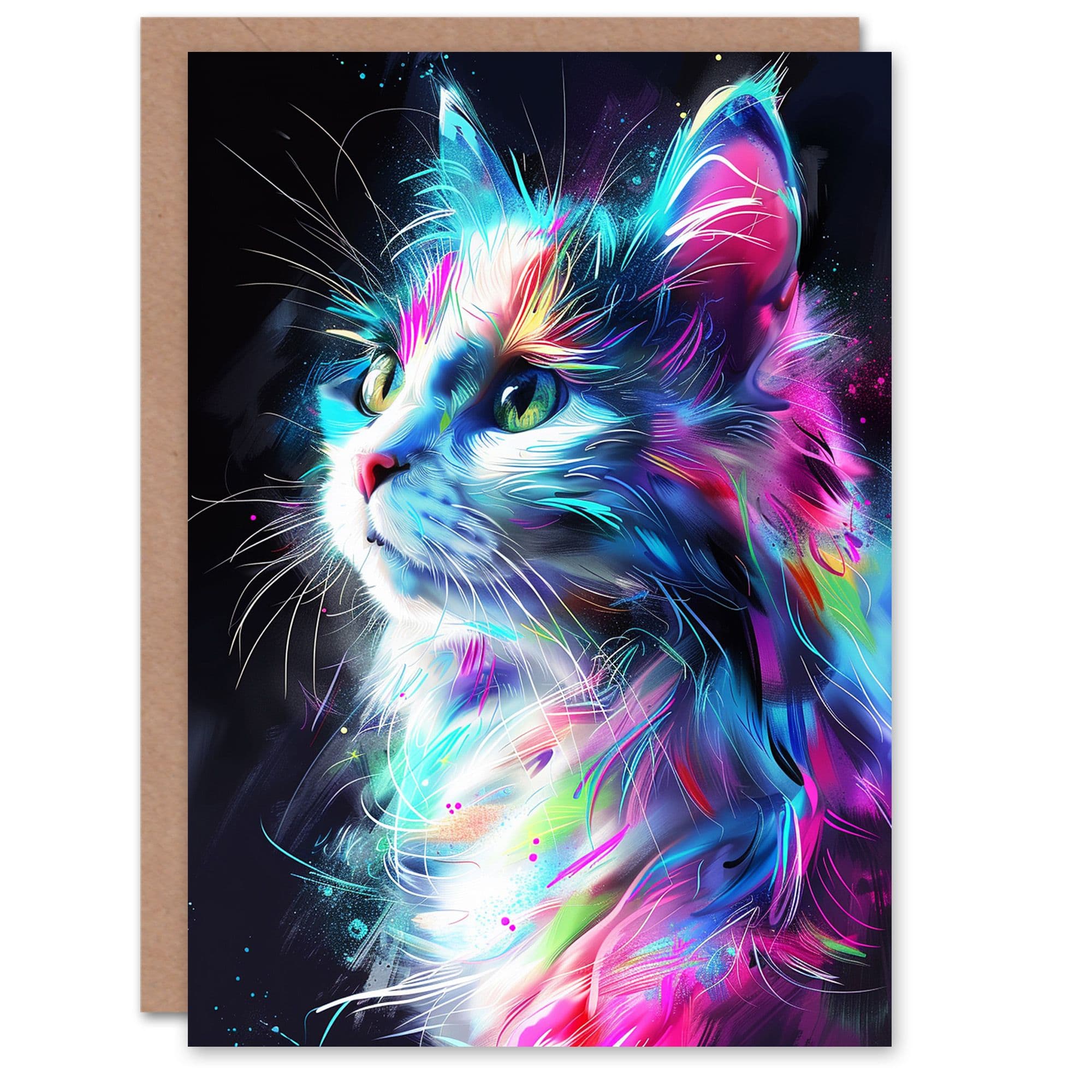 Birthday Card Colourful Neon Kitty Portrait Cat Lover Greeting Card