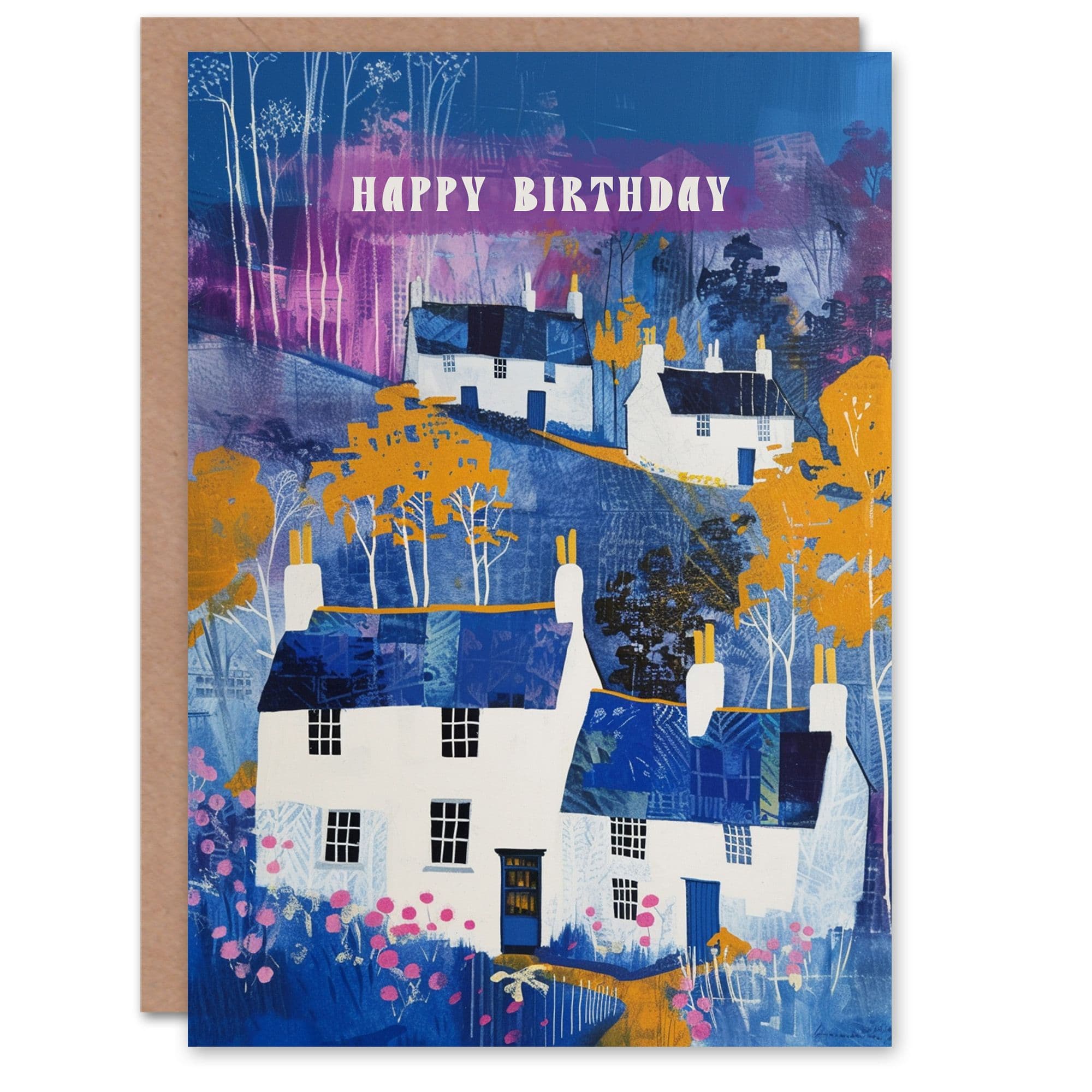 Birthday Card White Country Cottages Landscape Painting Greeting Card