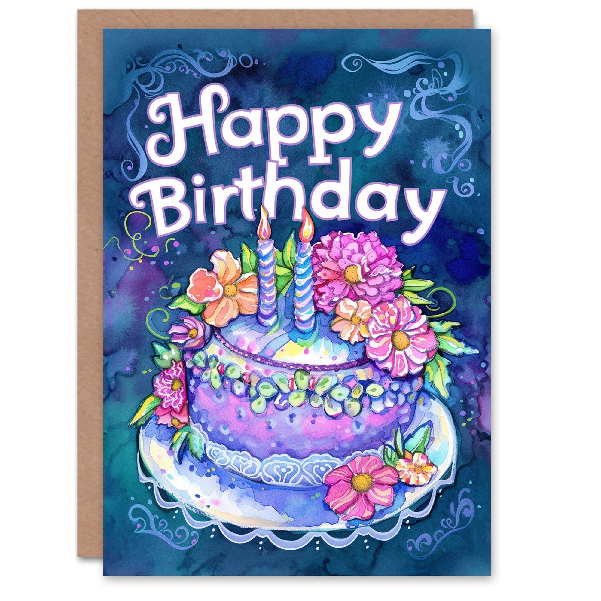 Birthday Card Cake Candles Flowers Watercolour Greeting Card