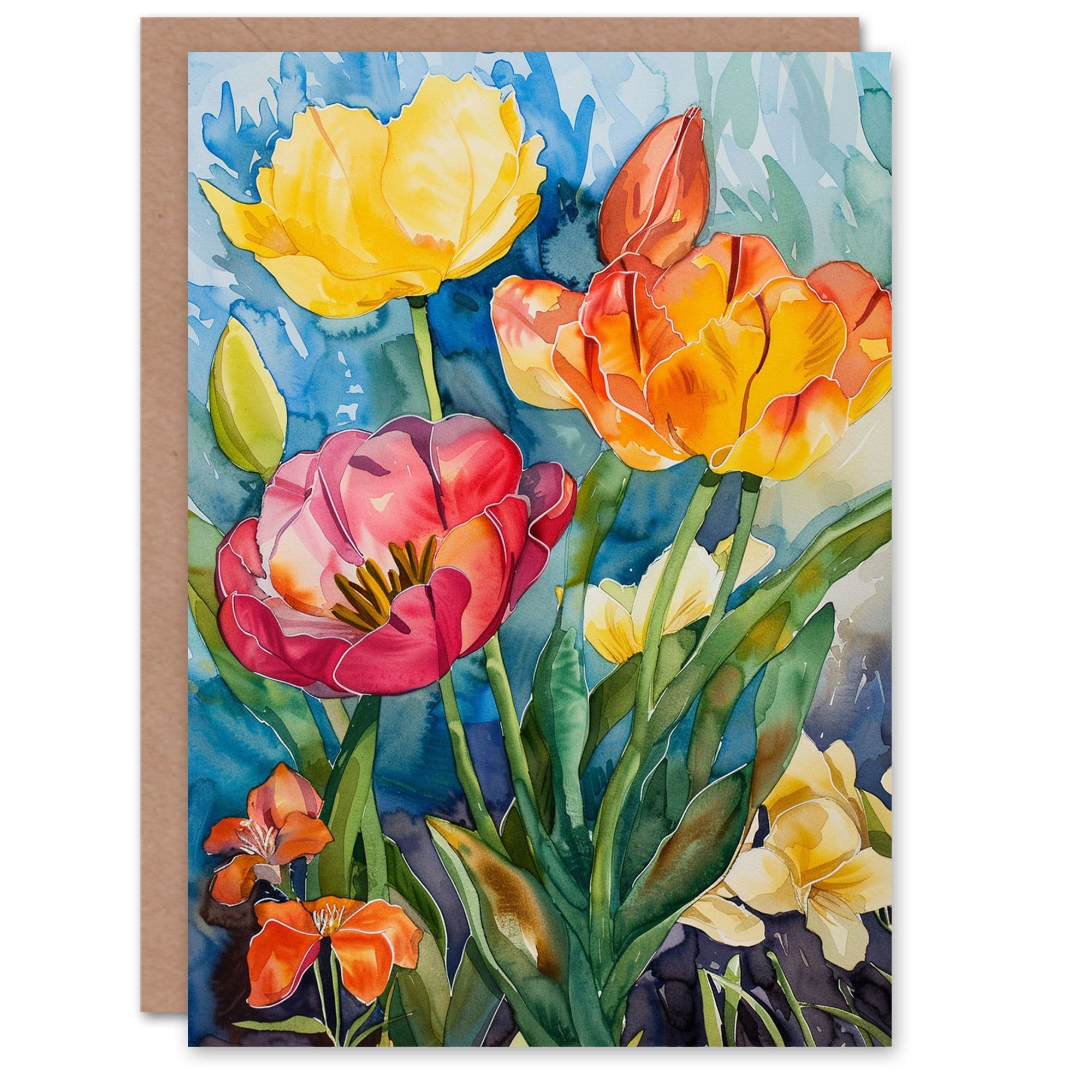 Birthday Card Spring Flower Blooms Watercolour Painting Greeting Card