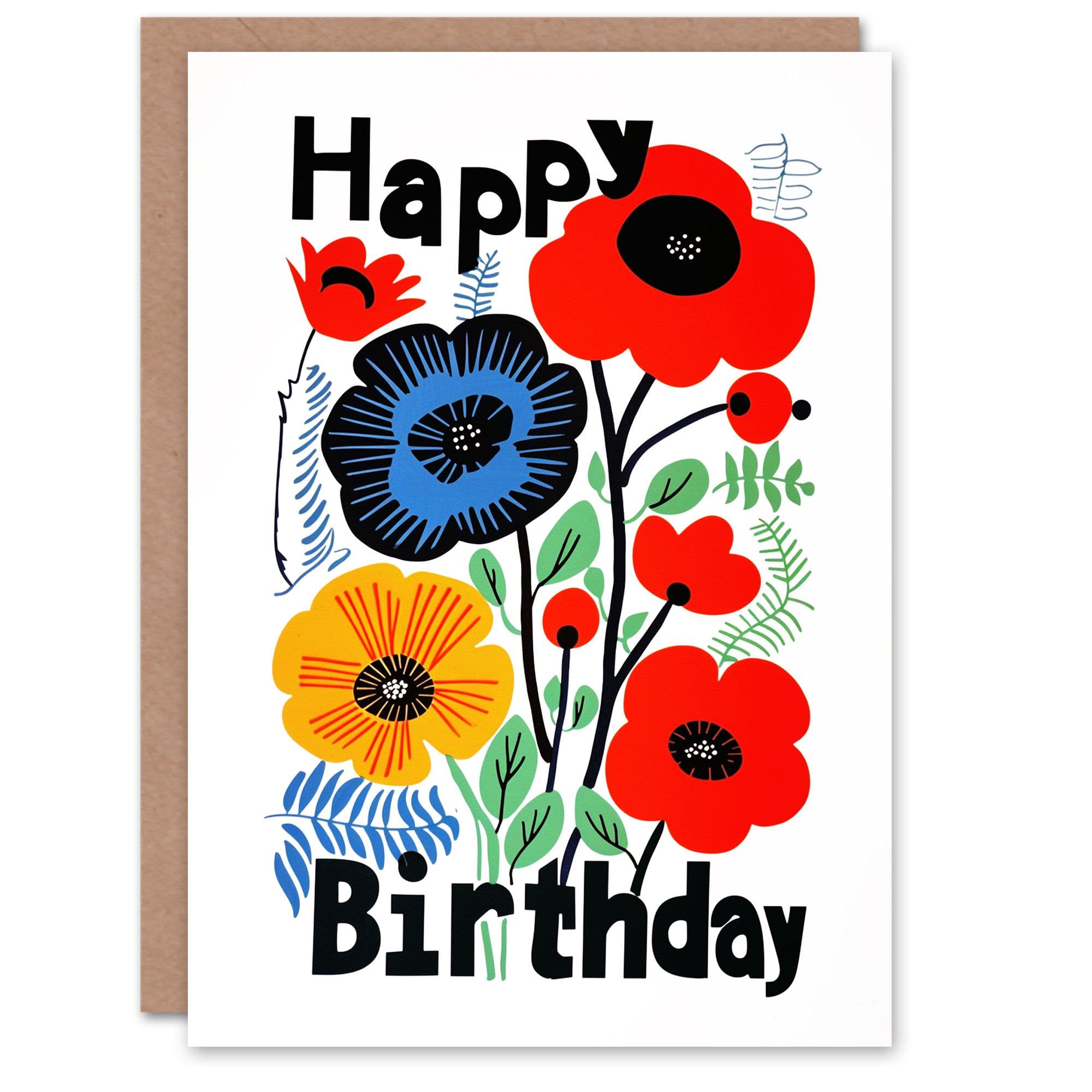 Birthday Card Bright Poppy Flower Pattern Floral Design Greeting Card