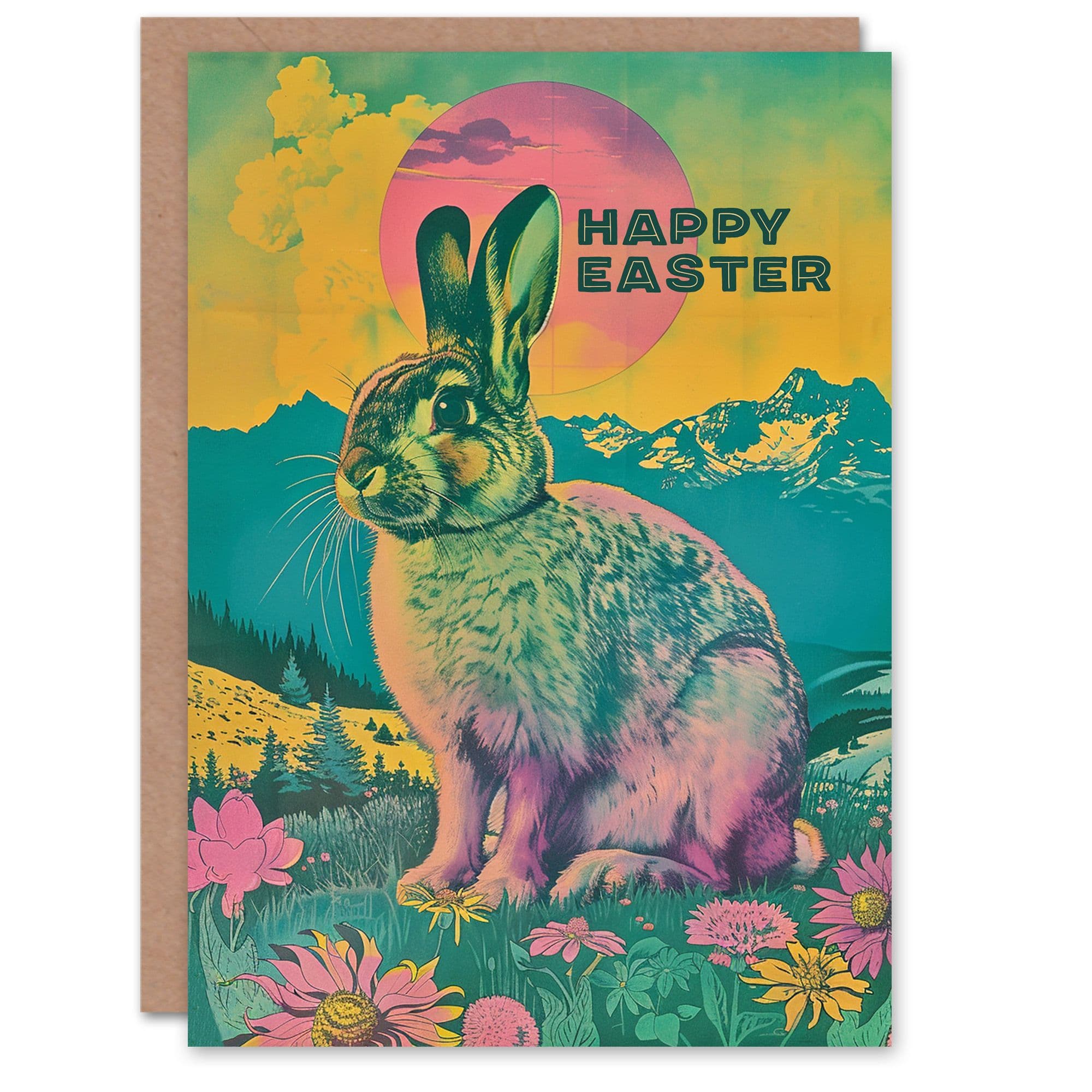 Easter Card Bunny Psychedelic Gradient Meadow Greeting Card