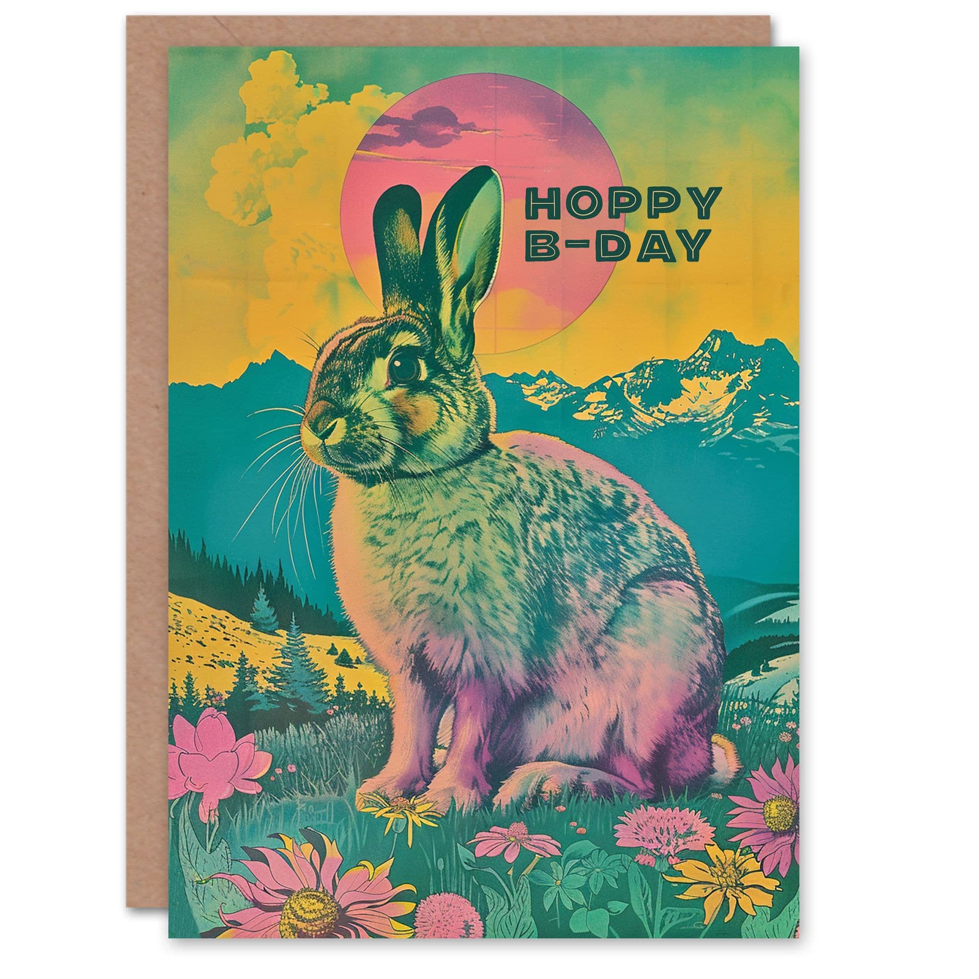 Birthday Card Hoppy Bday Bunny Psychedelic Landscape