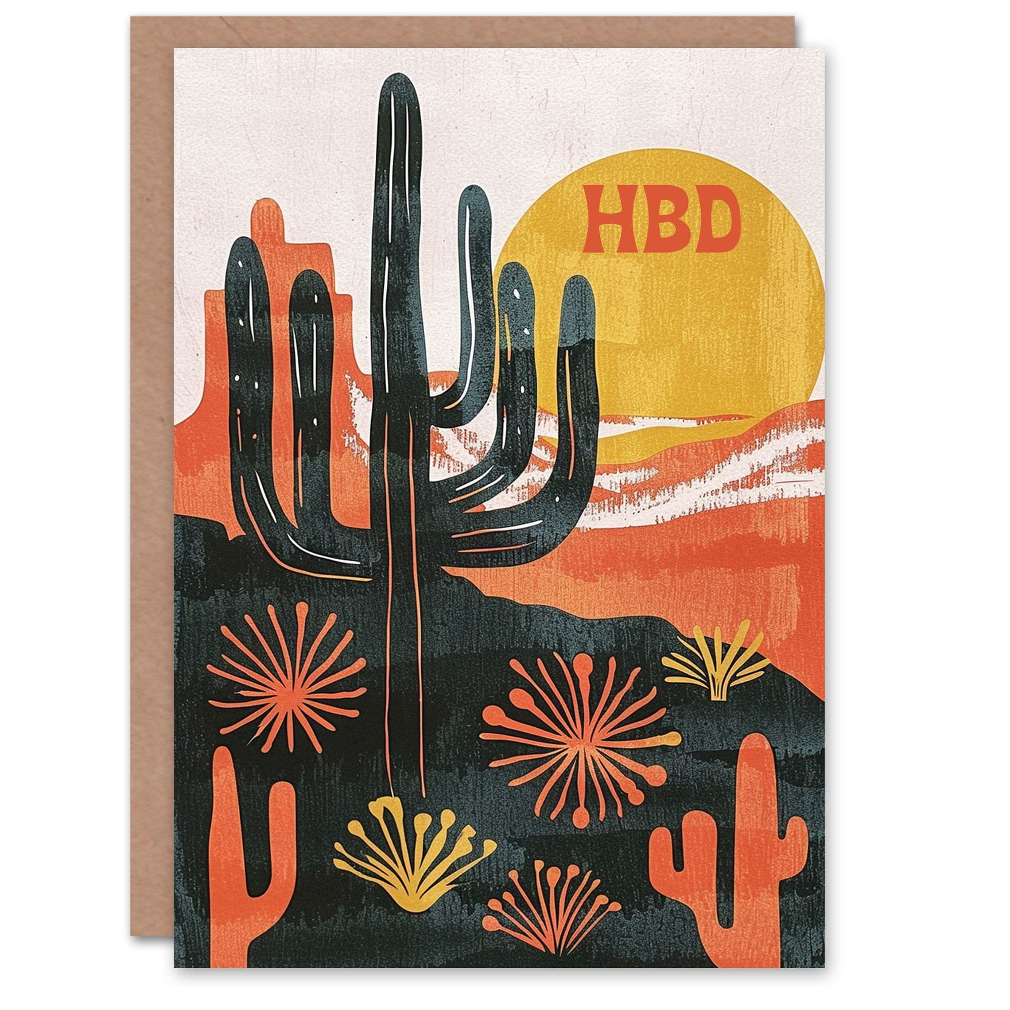 Birthday Card Cactus Desert Landscape Sunset HBD Greeting Card