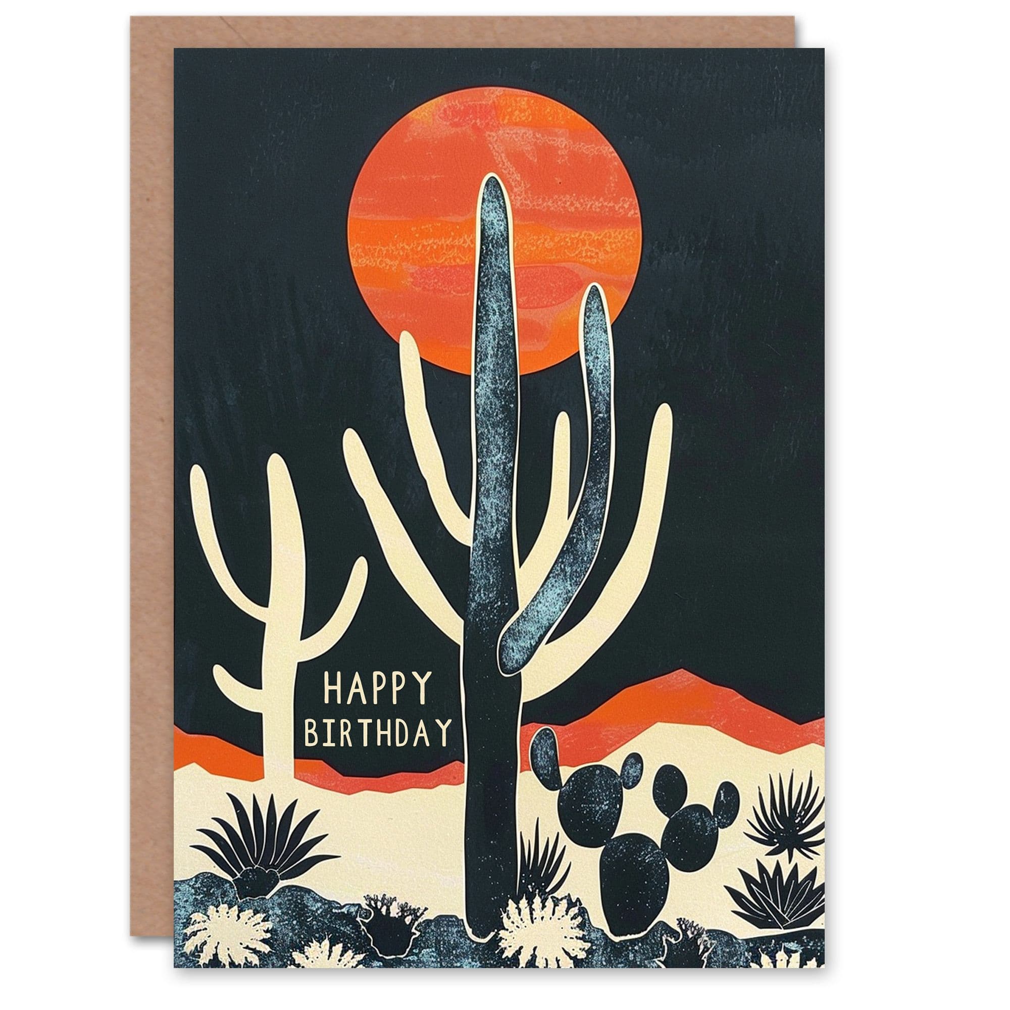 Birthday Card Cactus Desert Orange Grey Sunset Greeting Card
