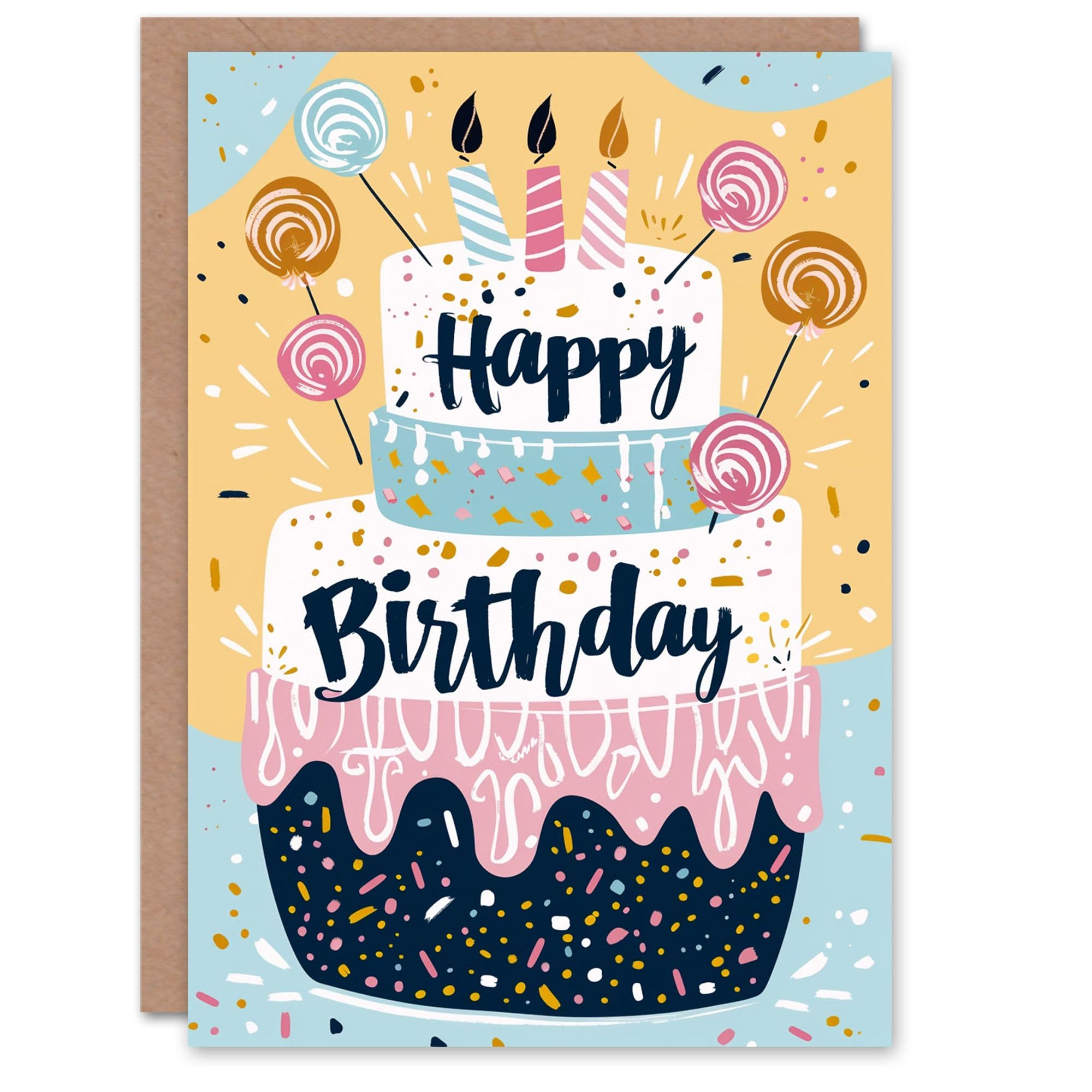 Birthday Card Lollipop Cake Candles Pastel Colour Fun For Child Kids