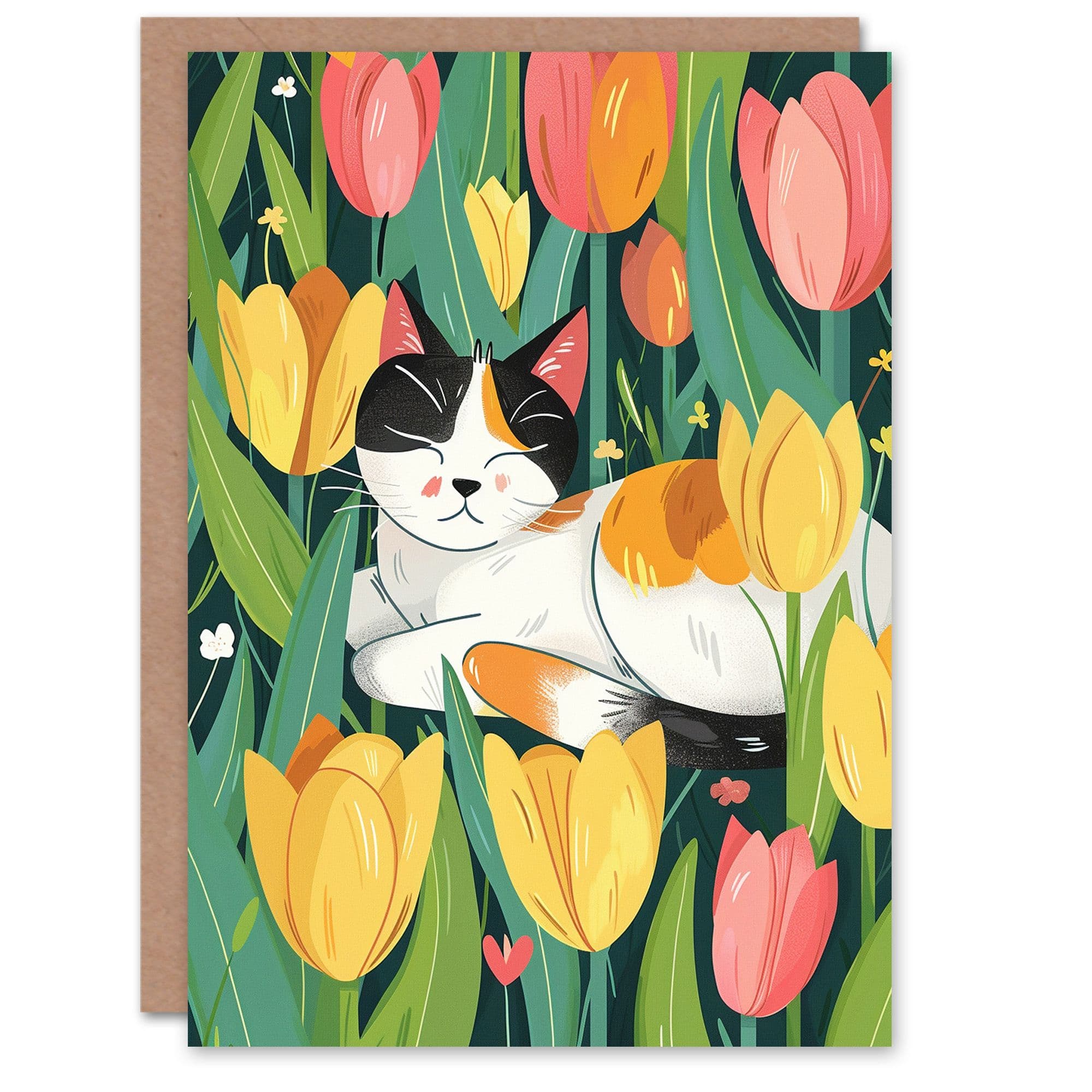 Birthday Card Cat Lover Calico Kitty in Tulip Flower Field