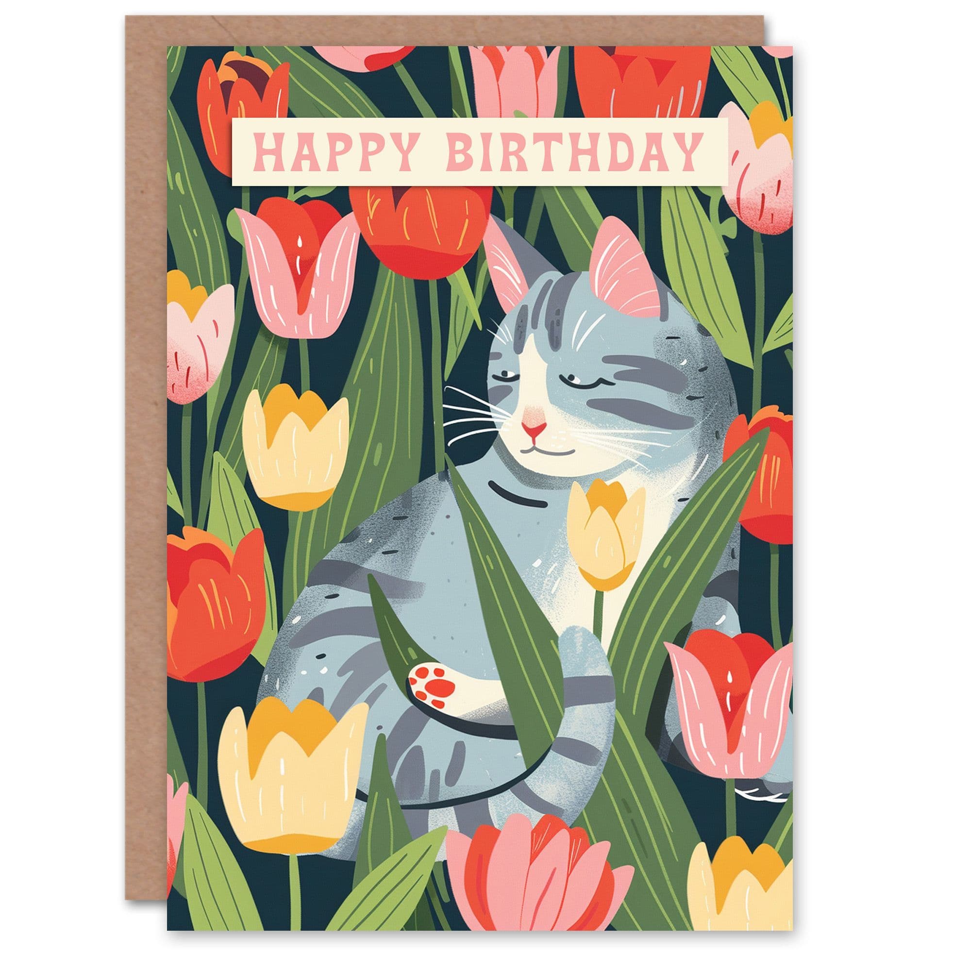Birthday Card Cat Lover Grey Kitty Laying in Tulip Flower Field