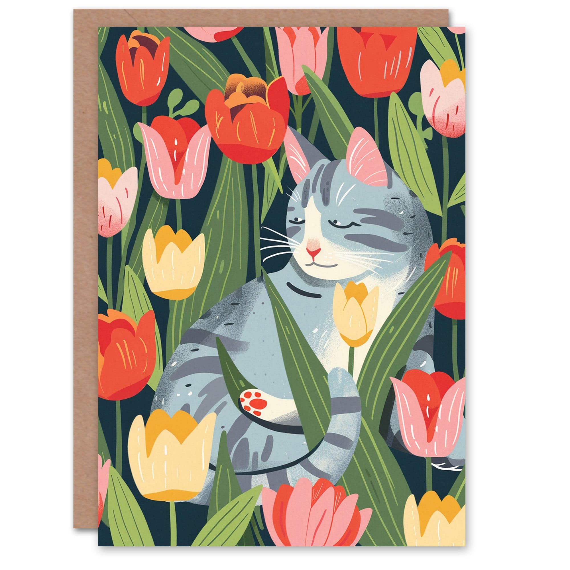 Birthday Card Cat Lover Kitty Among Tulip Flowers Greeting Card