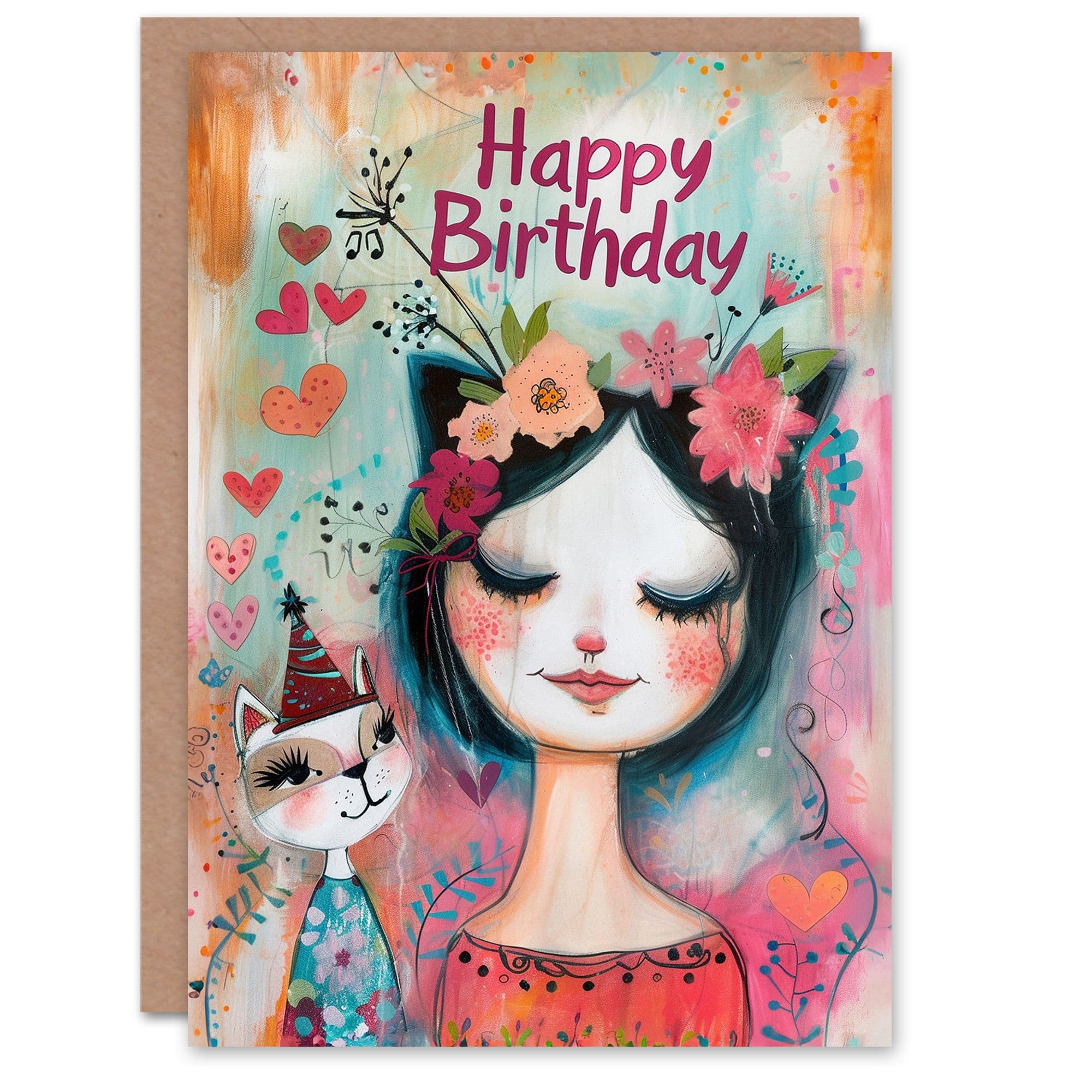 Birthday Card Cat Lover Party Hat Cute Floral Portrait