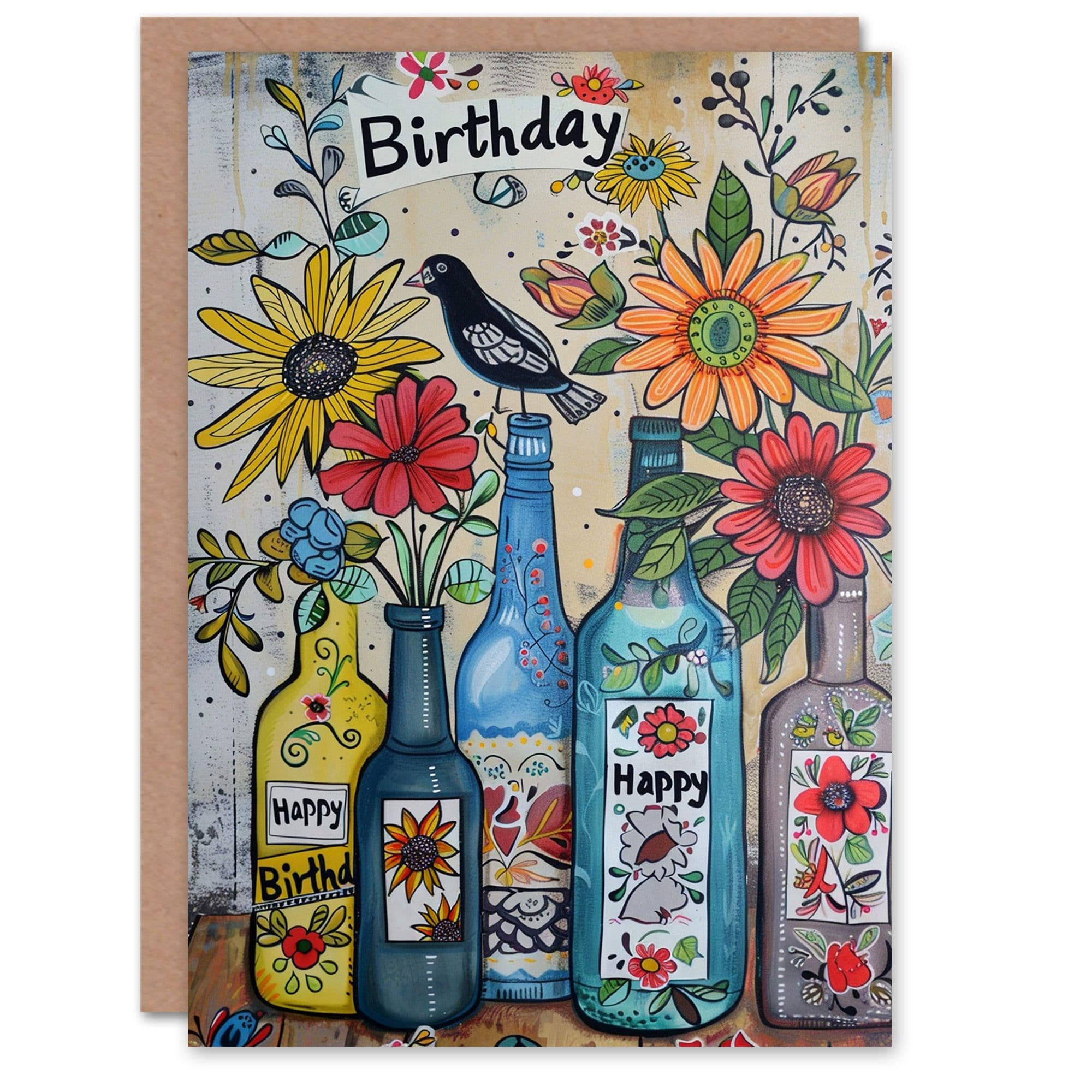 Birthday Card Spring Flowers in Floral Wine Bottle Vases Greeting Card