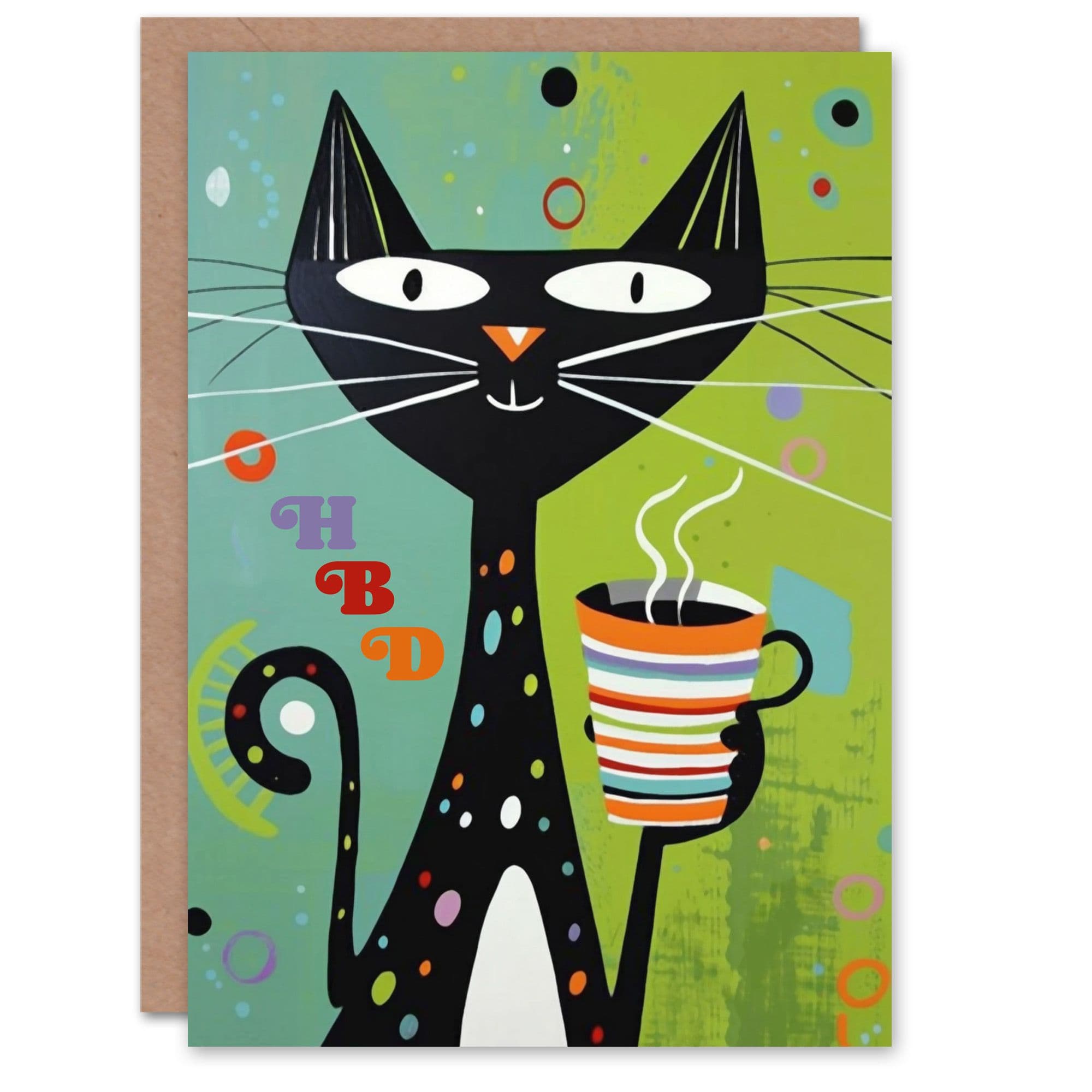 Birthday Card HBD Cat Lover Happy Kitty Coffee Cup Greeting Card