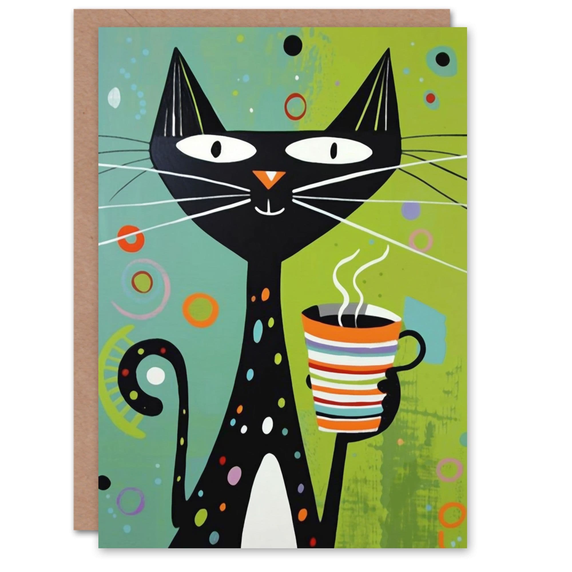 Birthday Card Cat Lover Happy Kitty with Coffee Cup Greeting Card