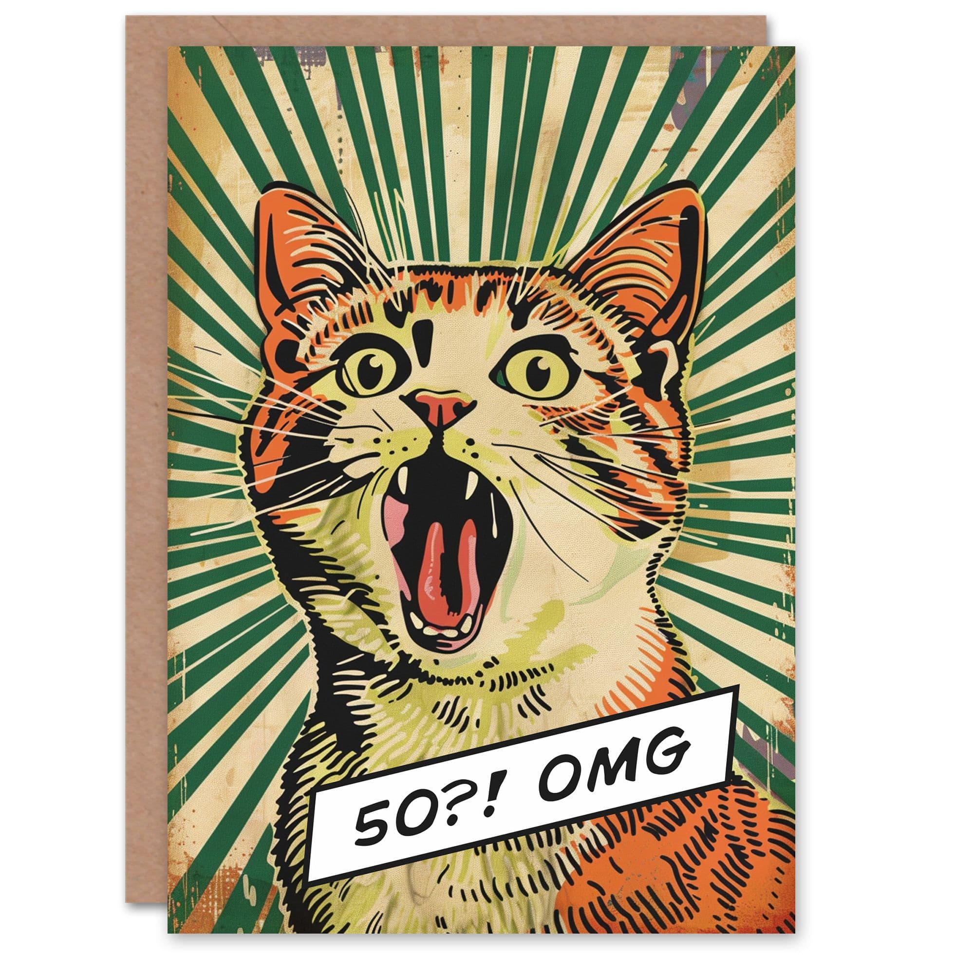 Birthday Card 50 Omg Shocked Cat Lover Comic Book Style Greeting Card
