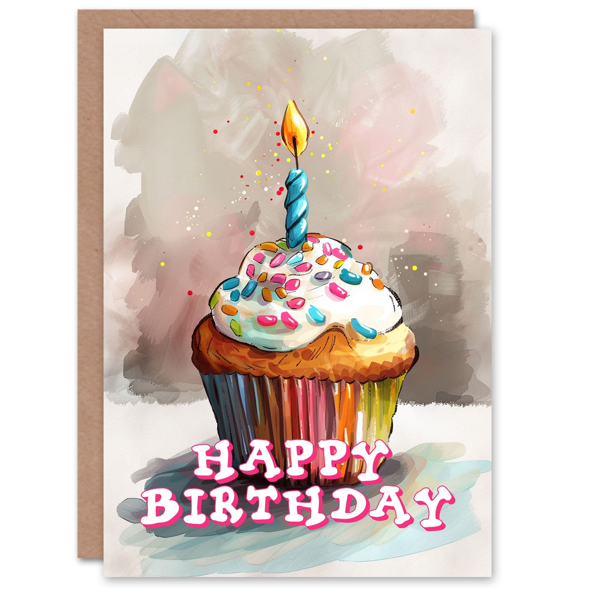 Birthday Card Cupcake Colourful Sprinkles Candle Watercolour