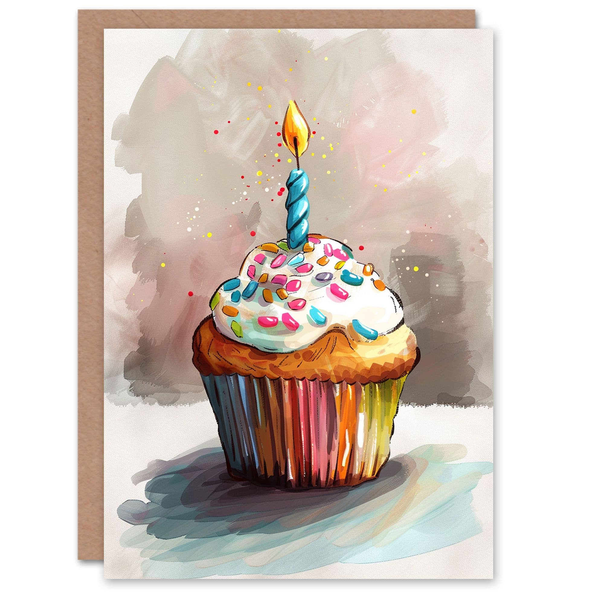 Birthday Card Watercolour Cupcake Colourful Sprinkles Candle