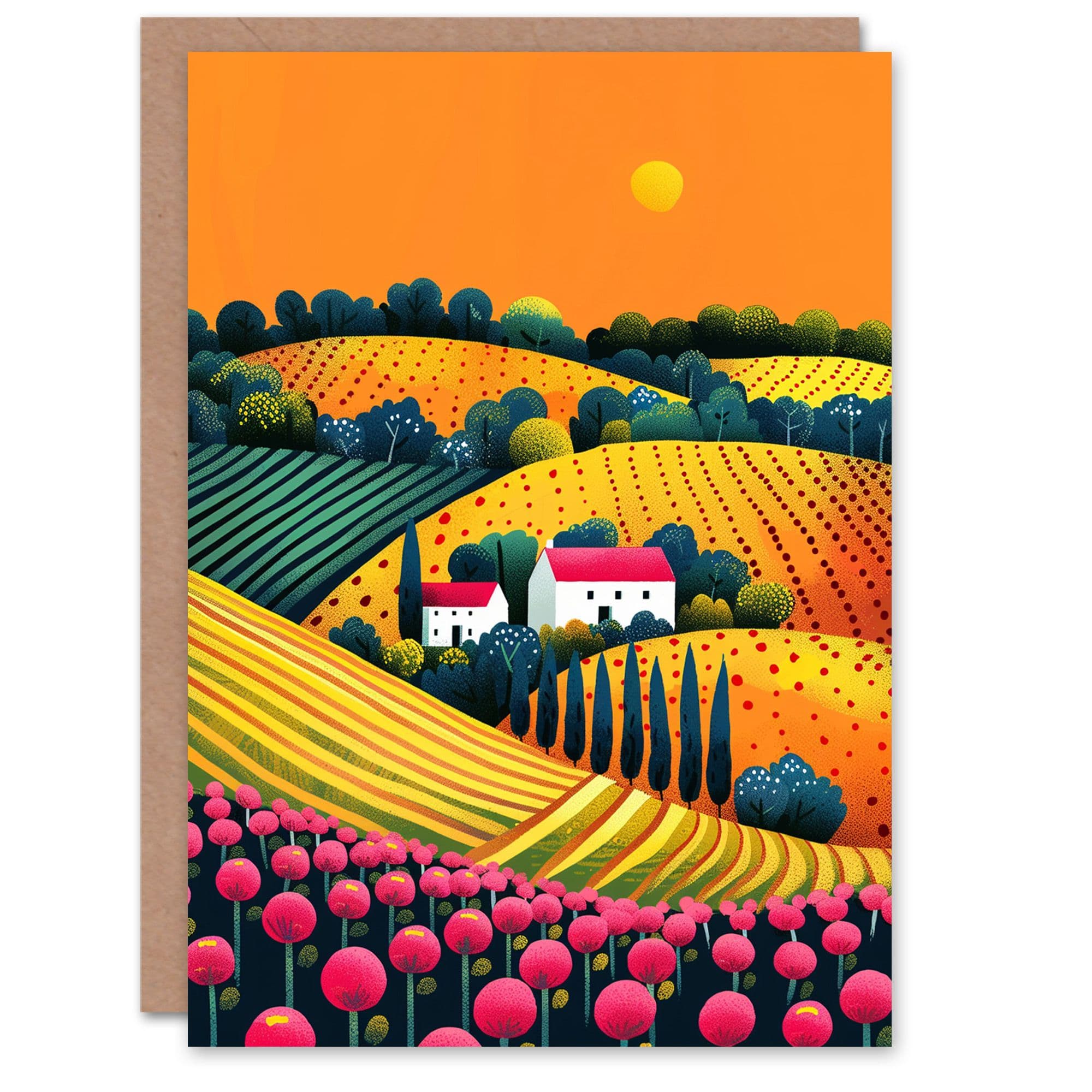 Birthday Card Cute Countryside Farm House Fields Sunset Greeting Card