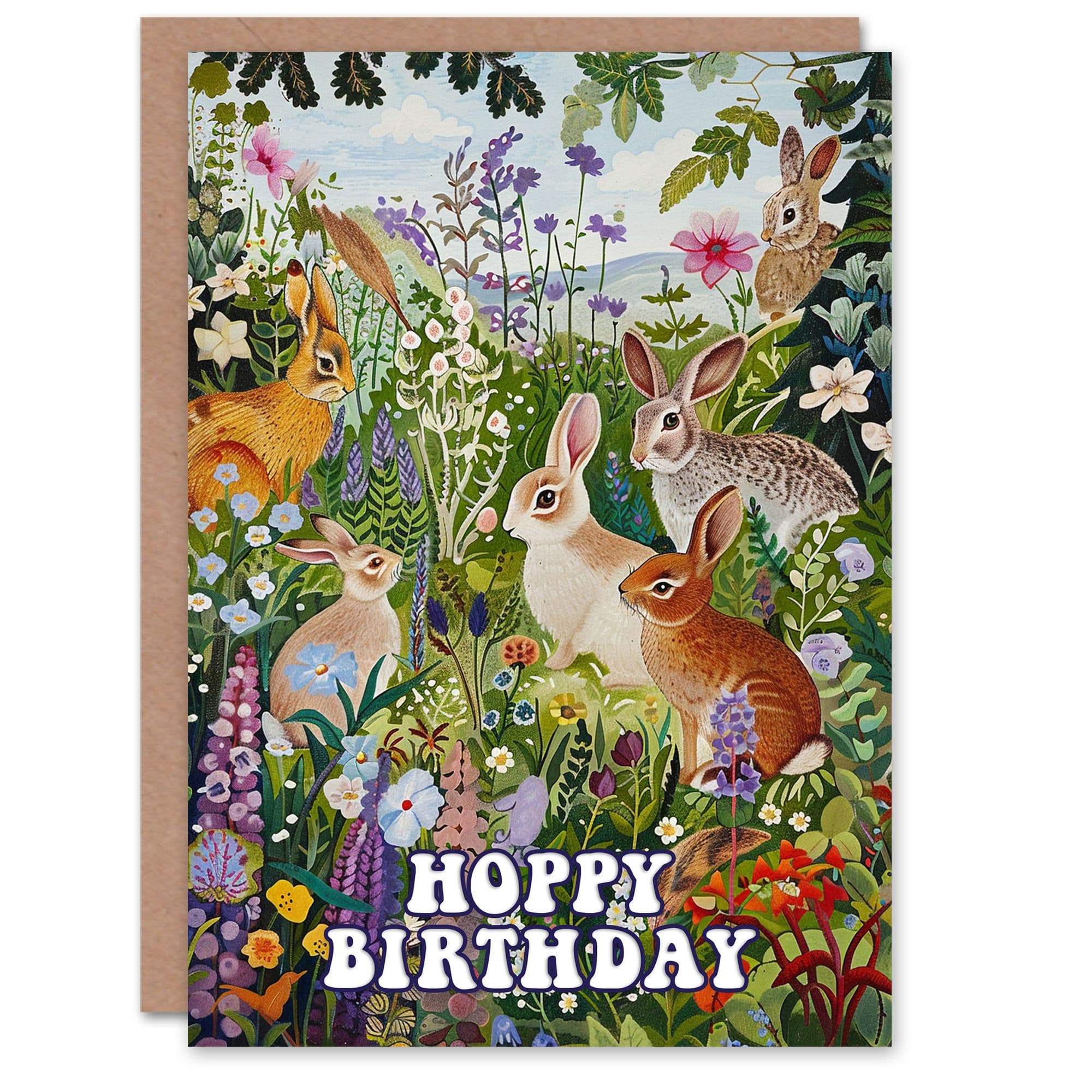 Birthday Card Hoppy Cute Bunny Rabbits in Flower Meadow Greeting Card