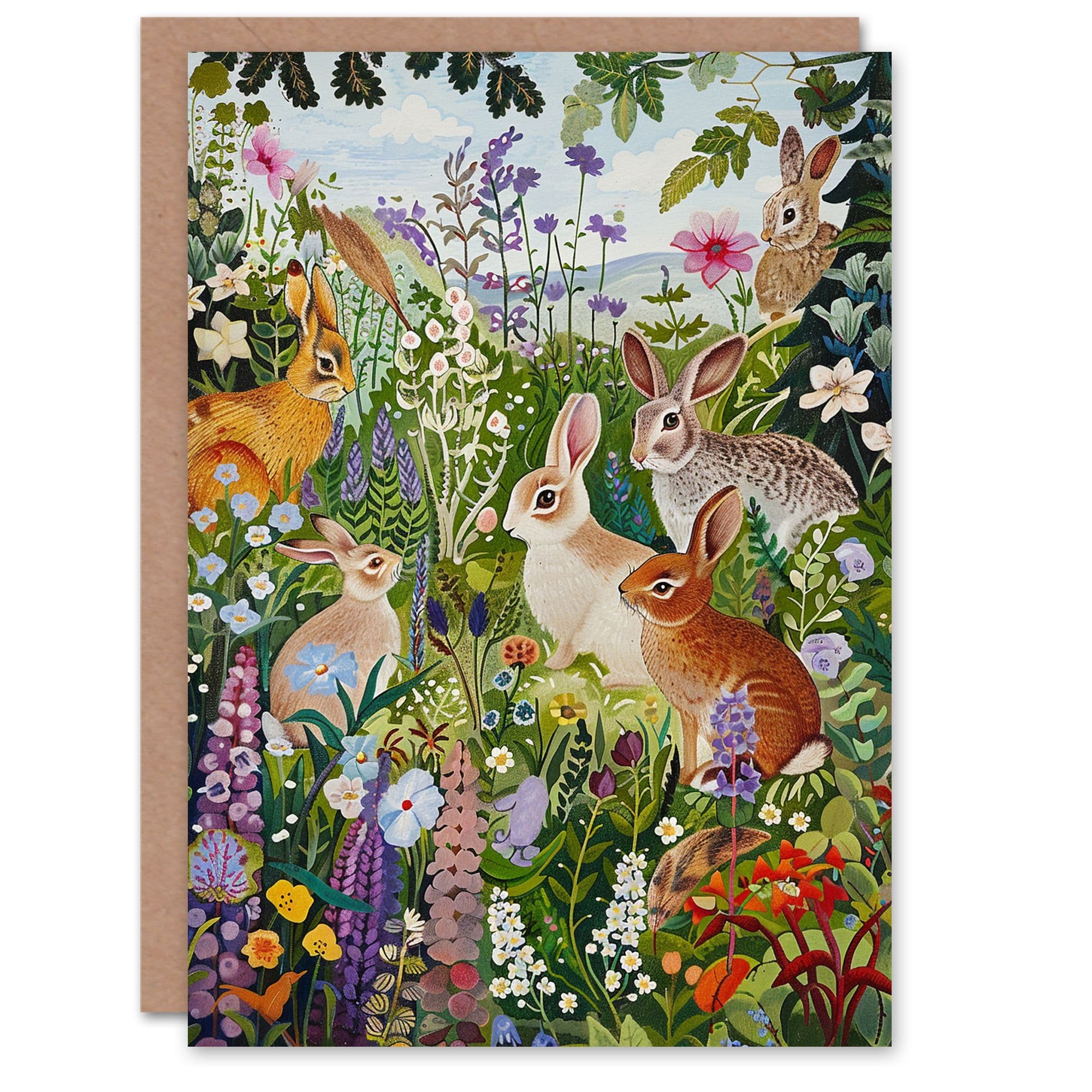 Birthday Card Cute Bunny Rabbits Wildflower Meadow Greeting Card
