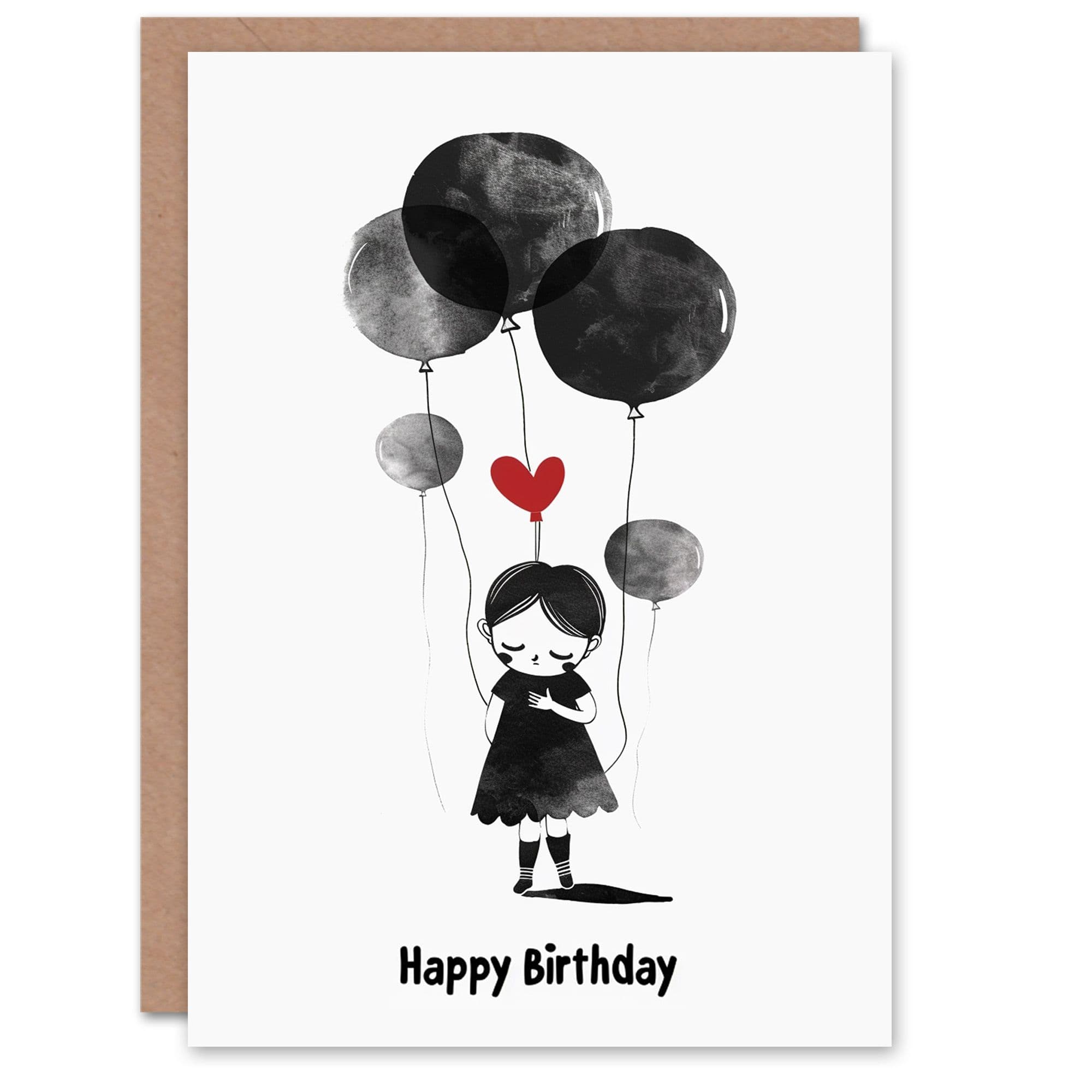 Birthday Card Cute Sad Girl Love Heart Balloons Drawing Greeting Card