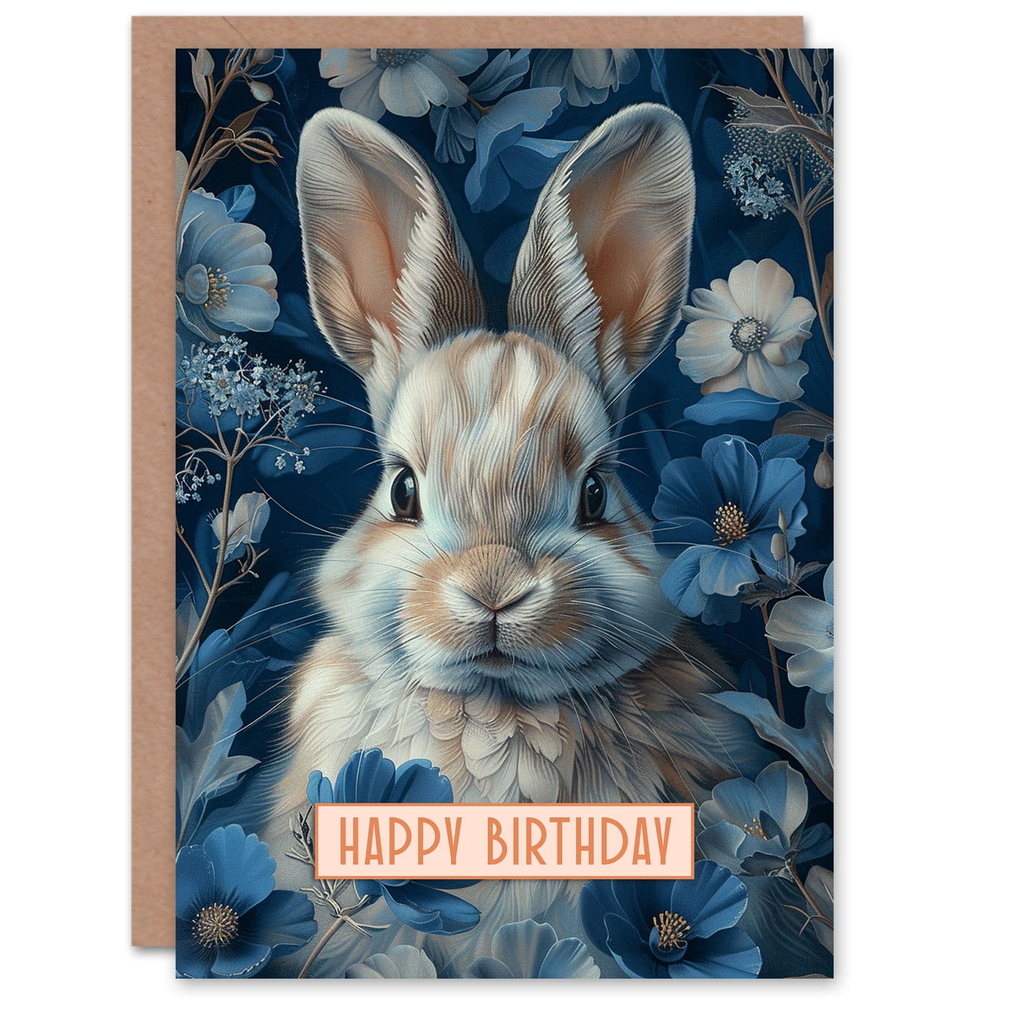 Birthday Card Cute Bunny Rabbit Blue Flower Pattern Greeting Card