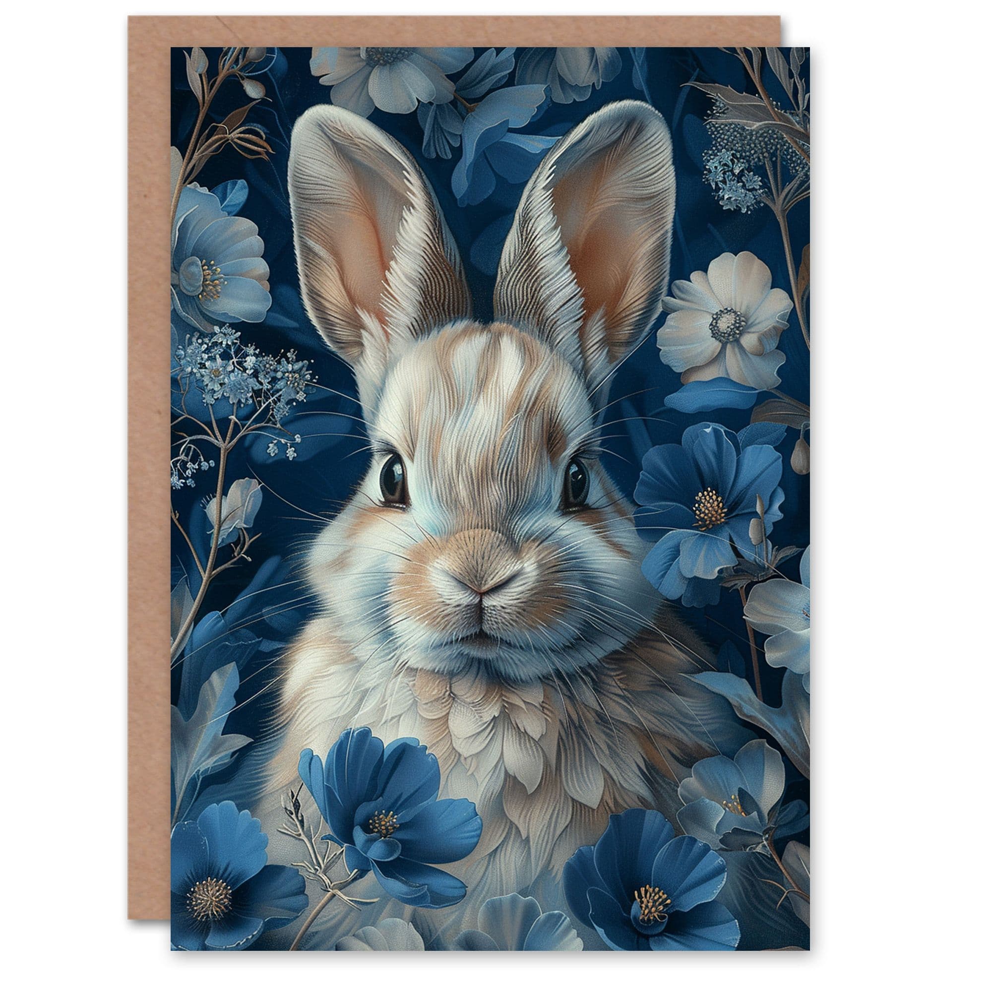 Birthday Card Cute Rabbit Bunny Blue Flower Pattern Greeting Card