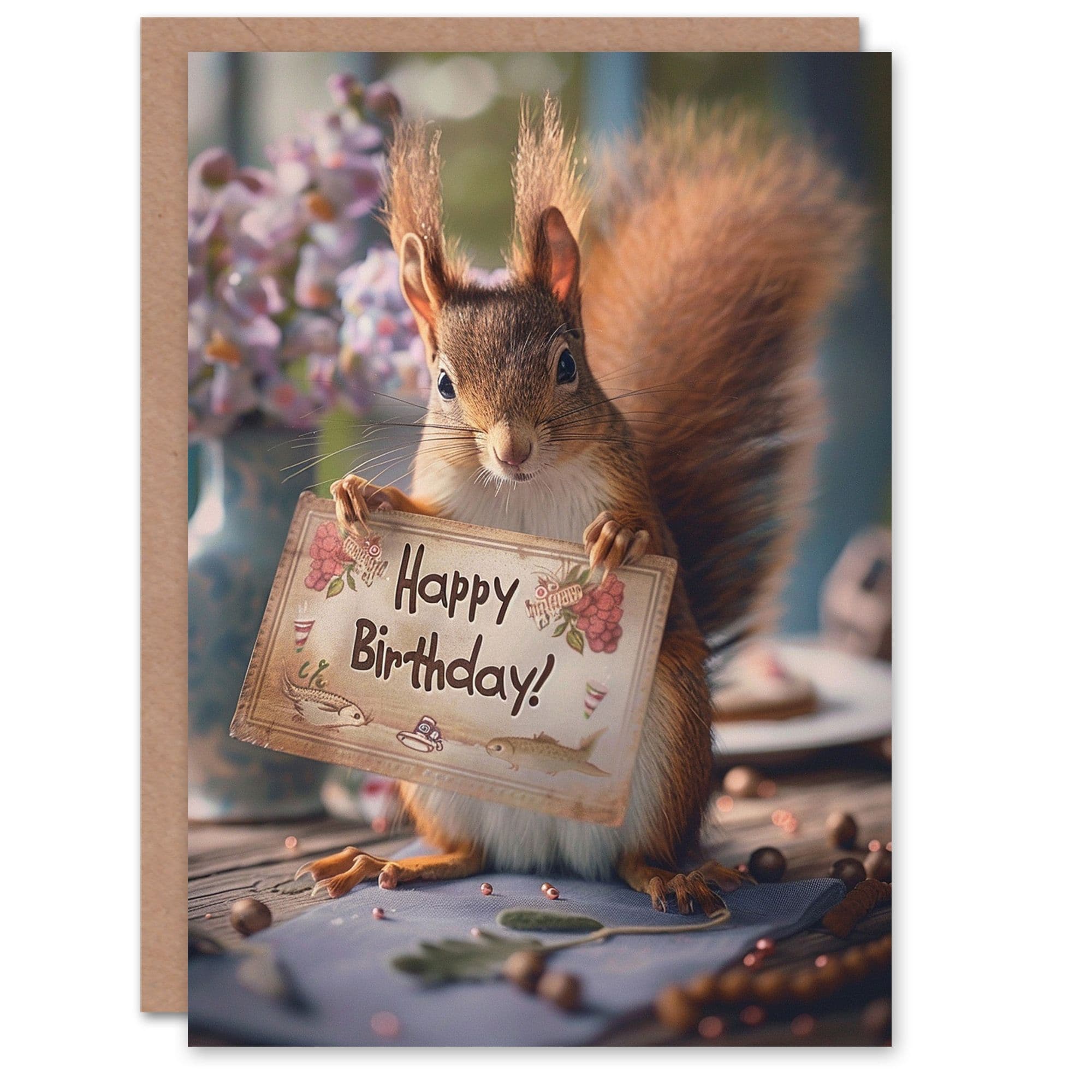 Birthday Card Cute Squirrel on Table Holding Sign Greeting Card