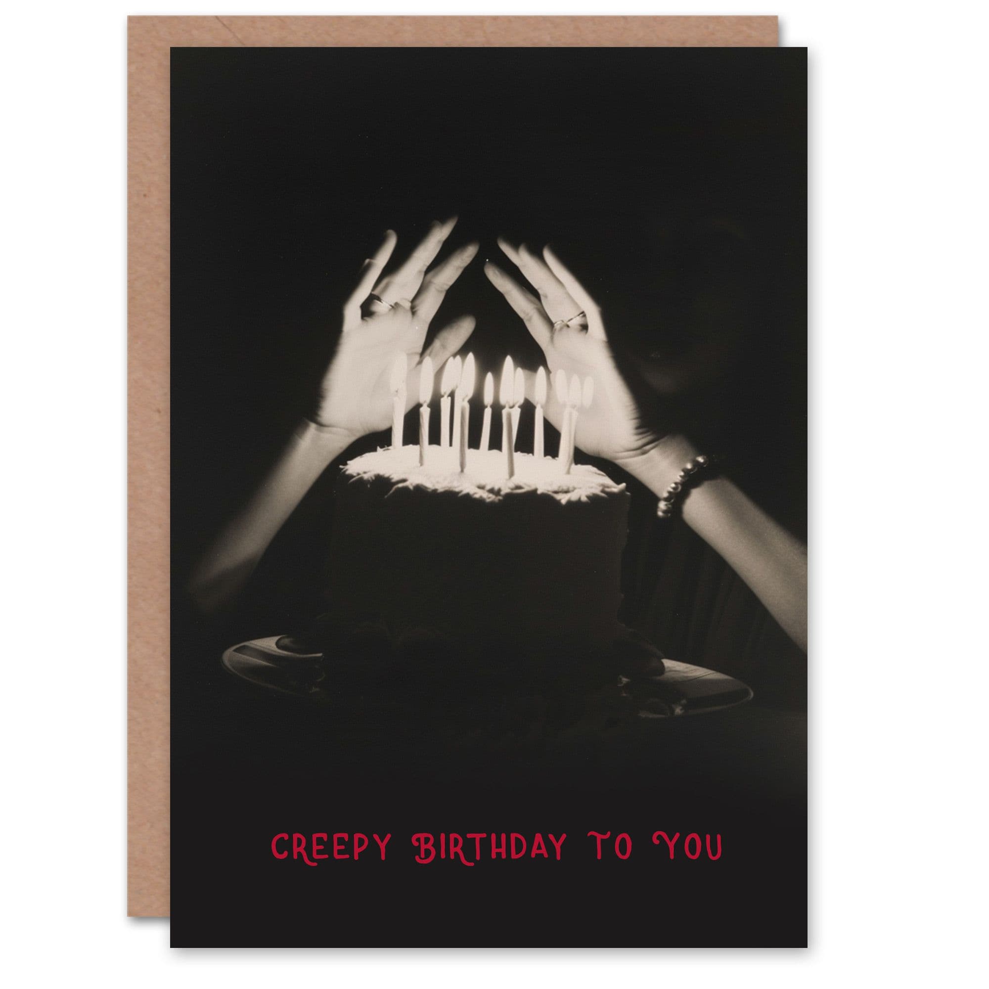 Birthday Card Creepy Cake Many Candles Warming Hands Greeting Card