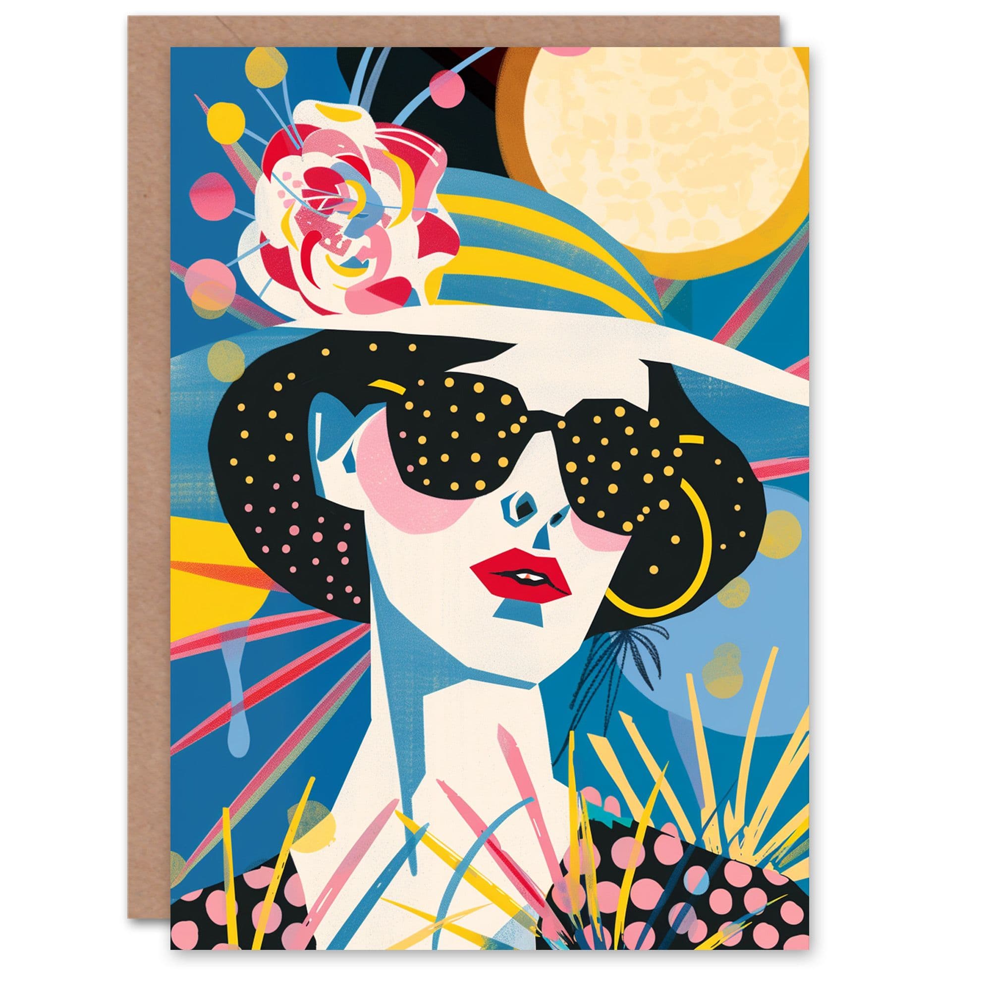 Birthday Card Woman Summer Fashion Flower Hat Glasses Greeting Card
