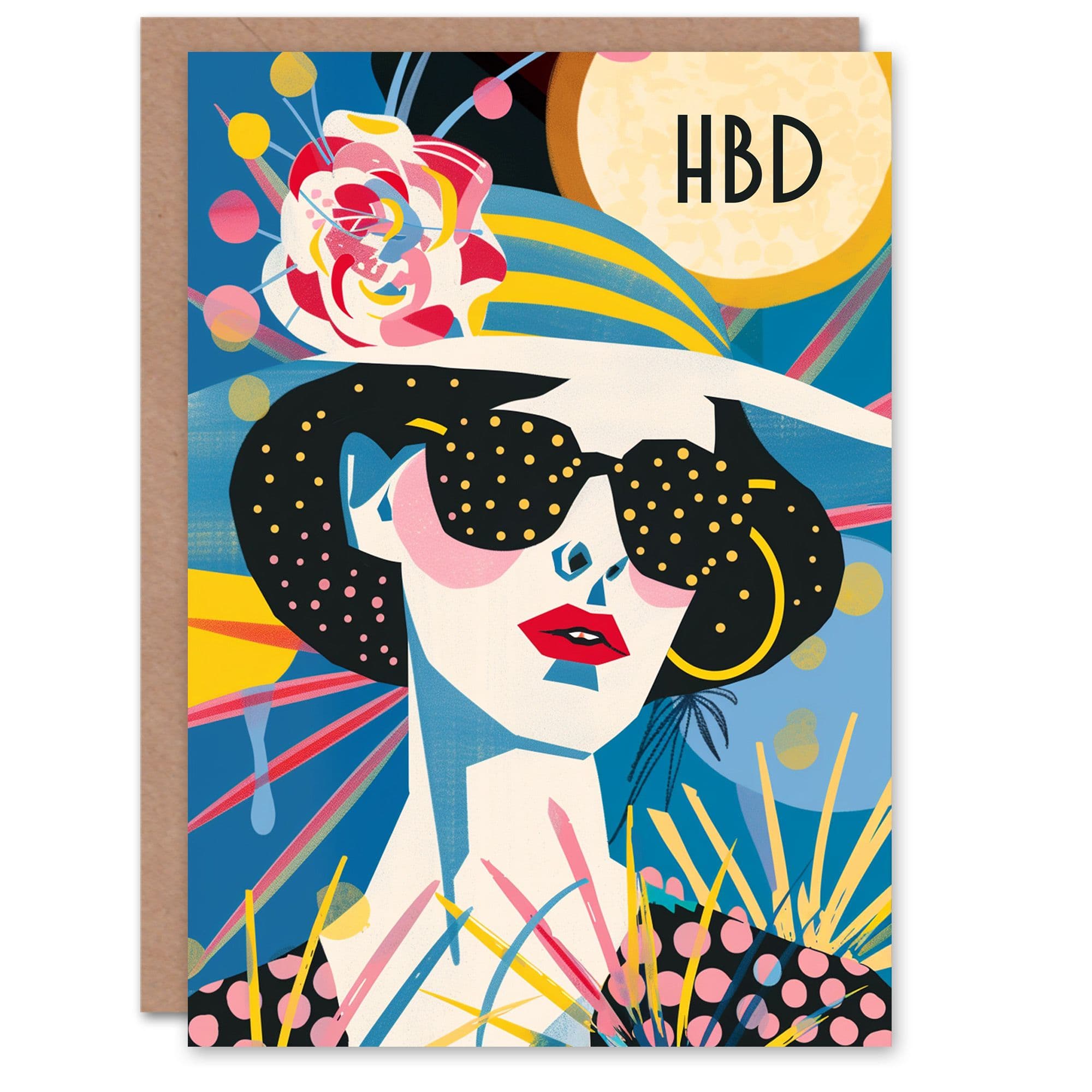 Birthday Card Woman Summer Fashion Flower Hat Glasses HBD