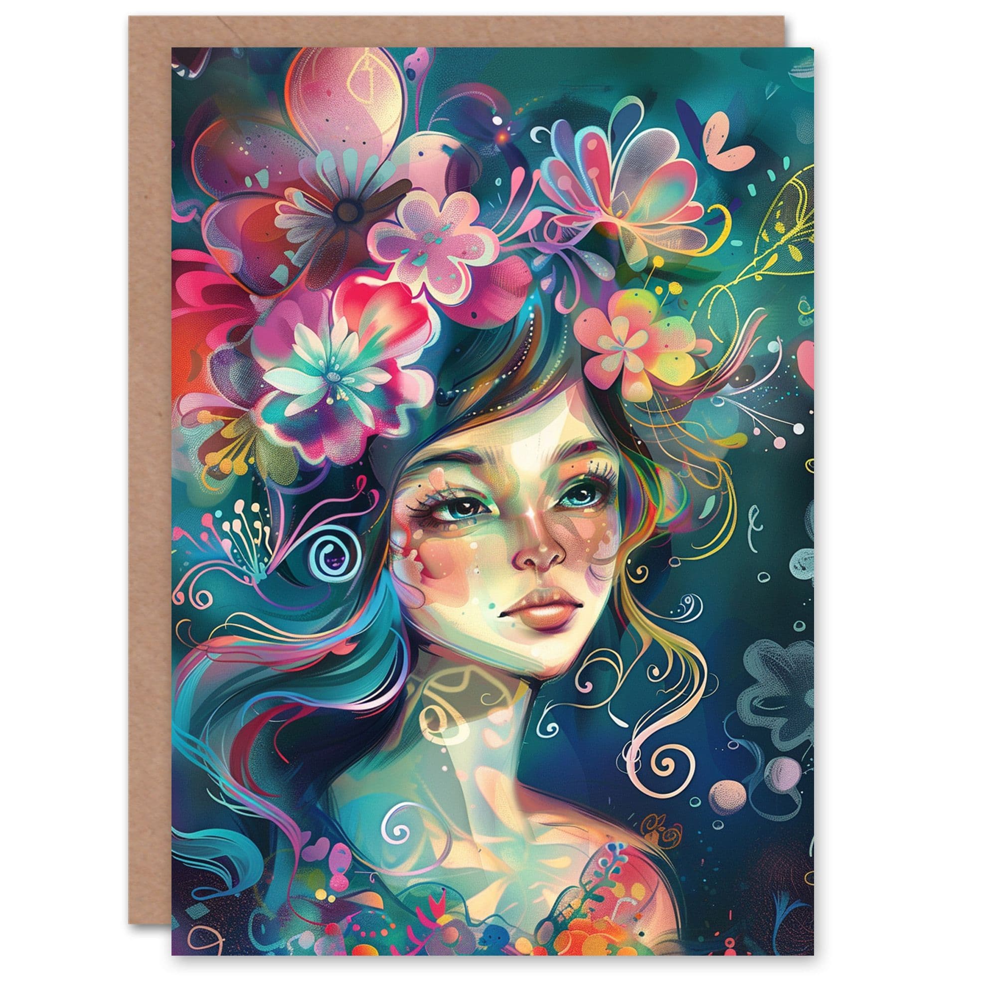 Birthday Card Dreamy Flower Fairy Trippy Colourful Portrait