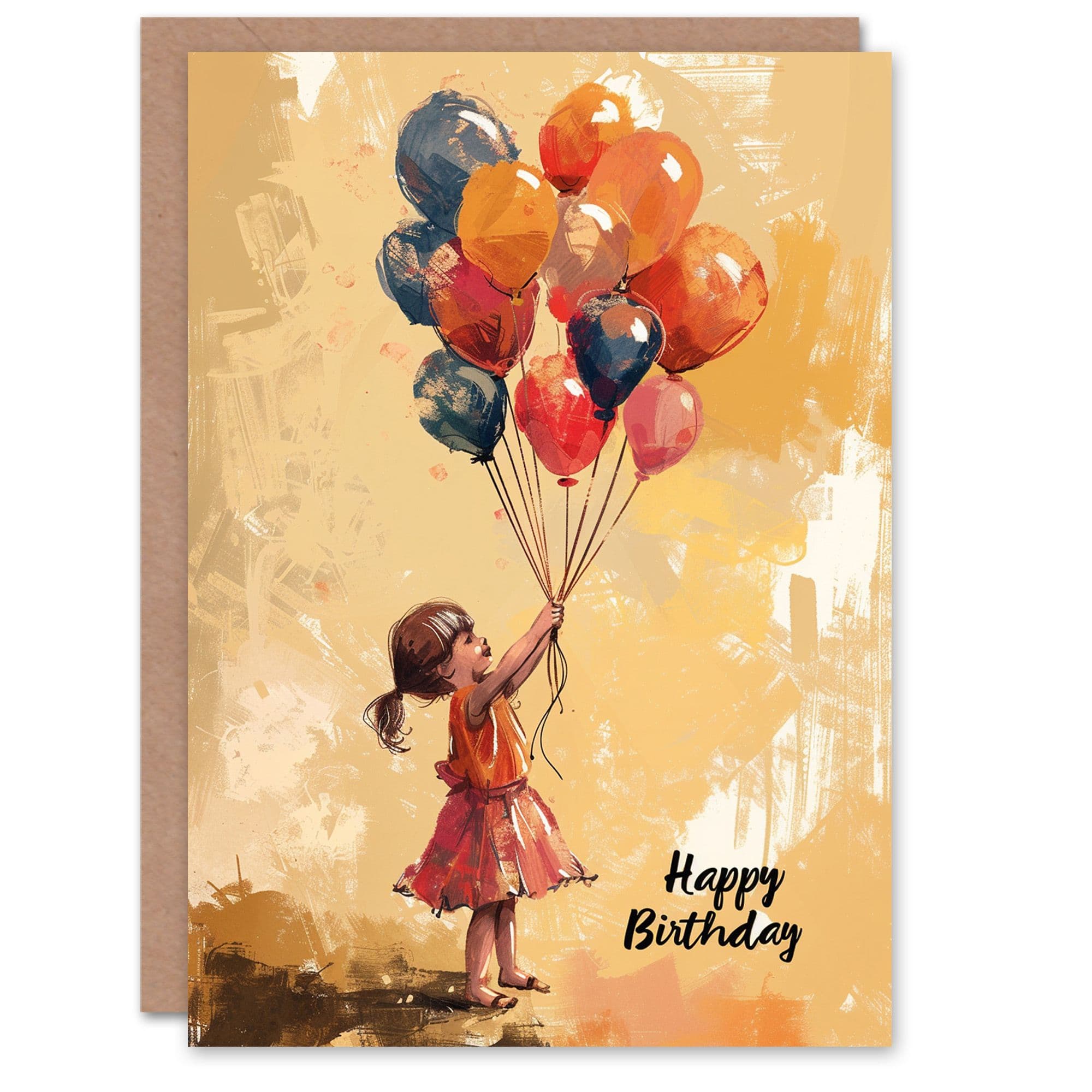 Birthday Card Cute Little Holding Balloons Oil Painting