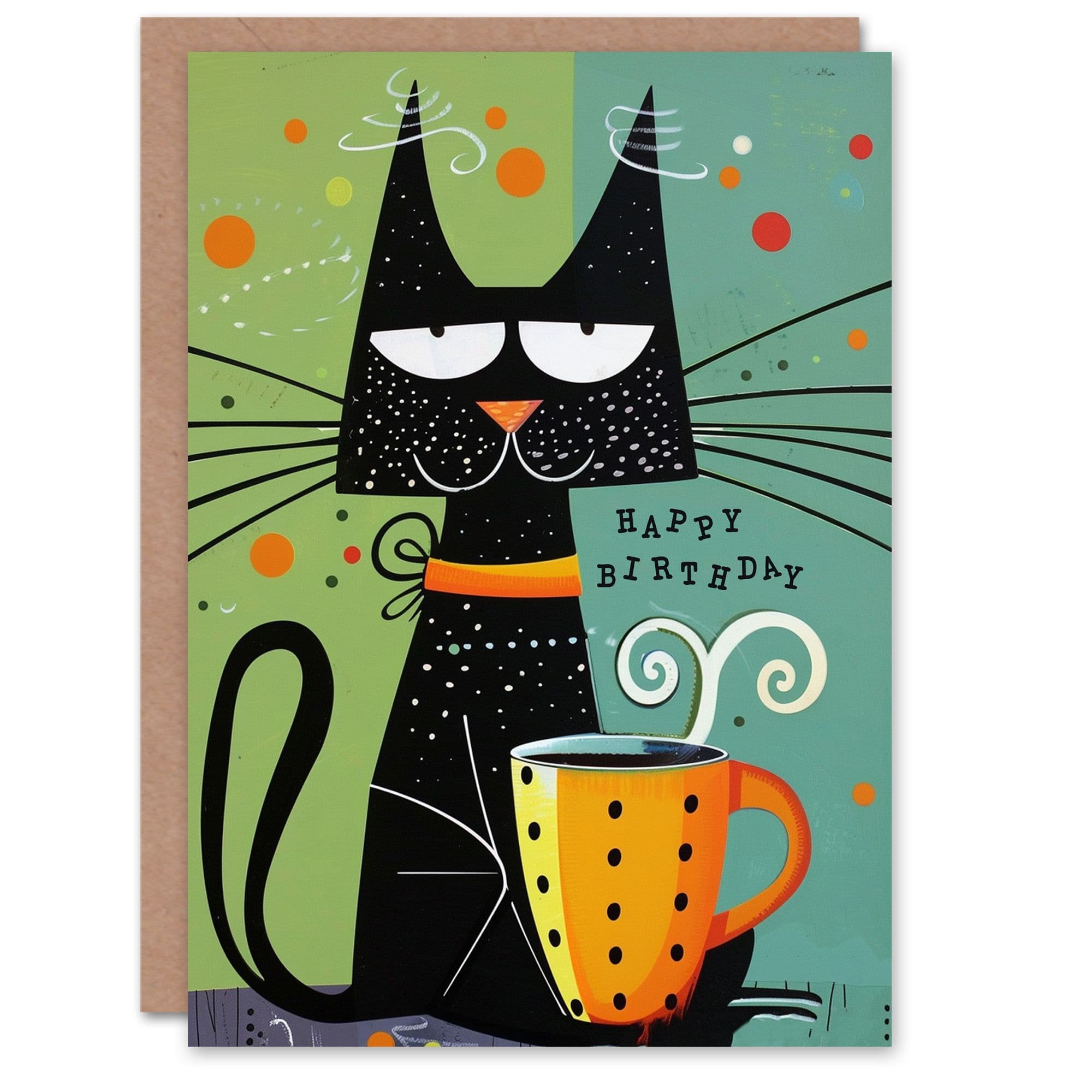 Birthday Card Cat Lover Kitty Coffee Abstract Cartoon