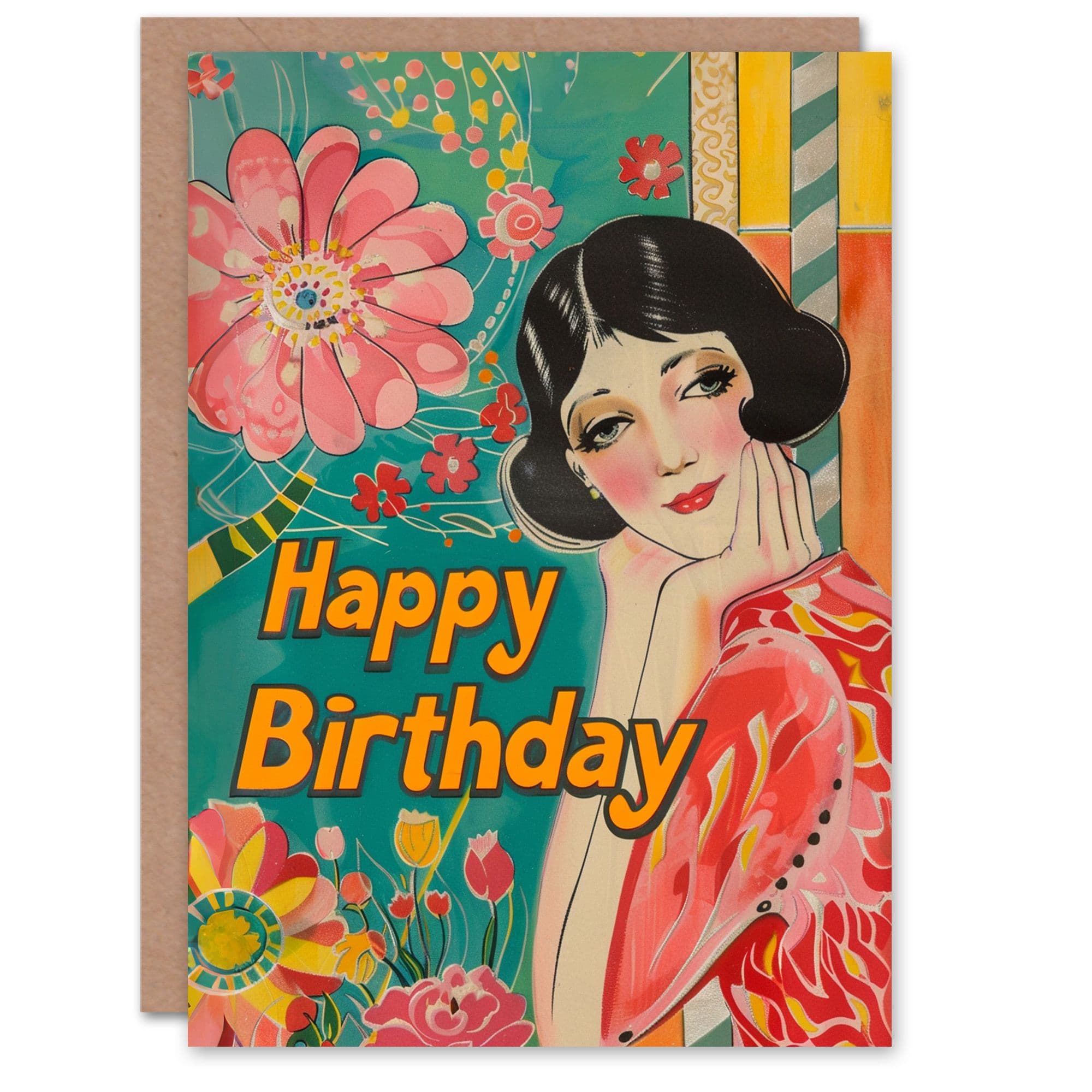 Birthday Card Flower Cafe Date Pink Blue Yellow Portrait Greeting Card