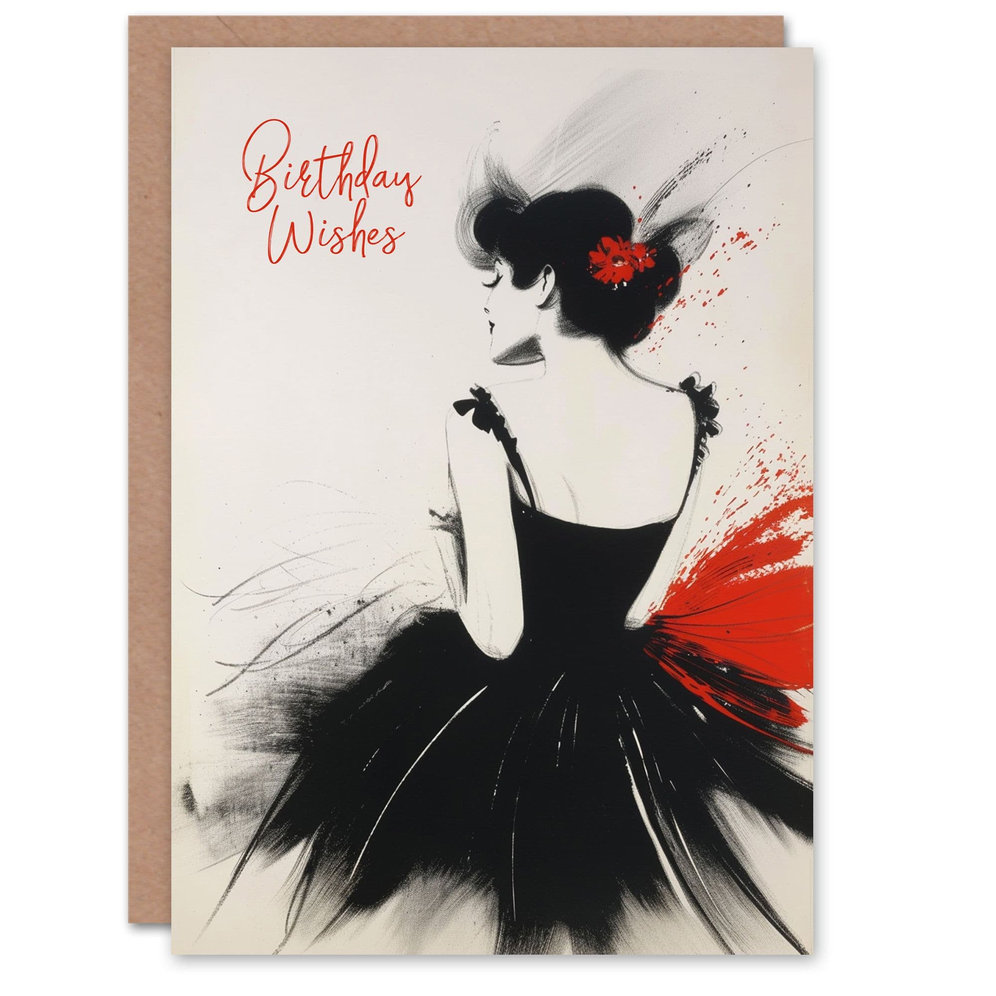 Birthday Card Elegant Dancer Black Red Bright Painting Greeting Card