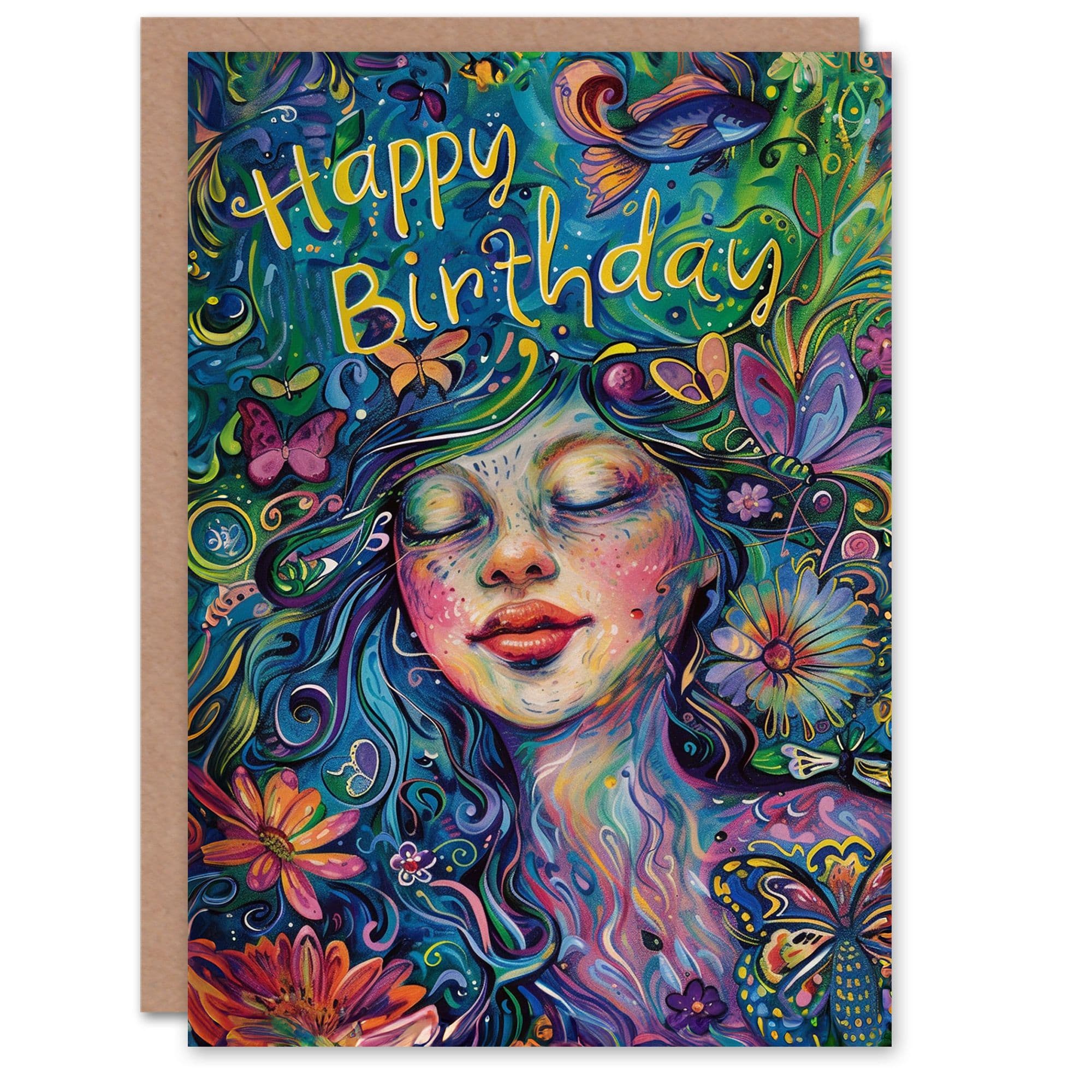 Birthday Card Flower Fairy Trippy Colourful Portrait