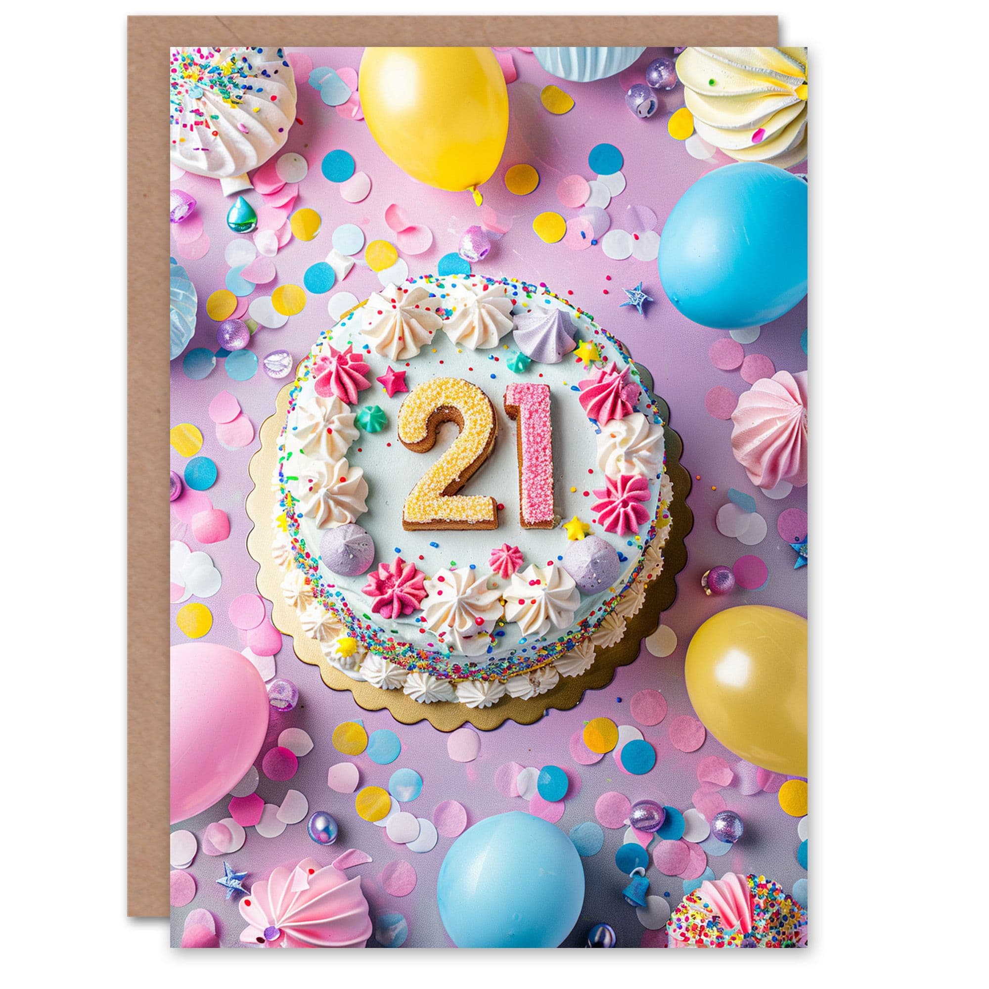 Birthday Card Twenty One 21 Cake Party Balloons Confetti Greeting Card