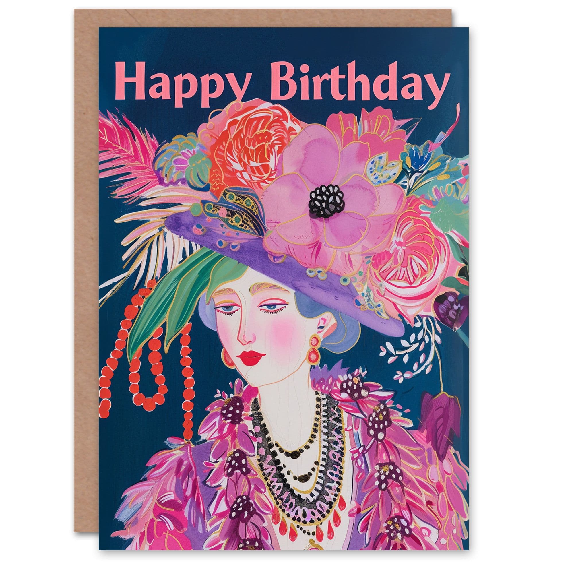 Birthday Card Floral Fashion Dame Fancy Hat Portrait