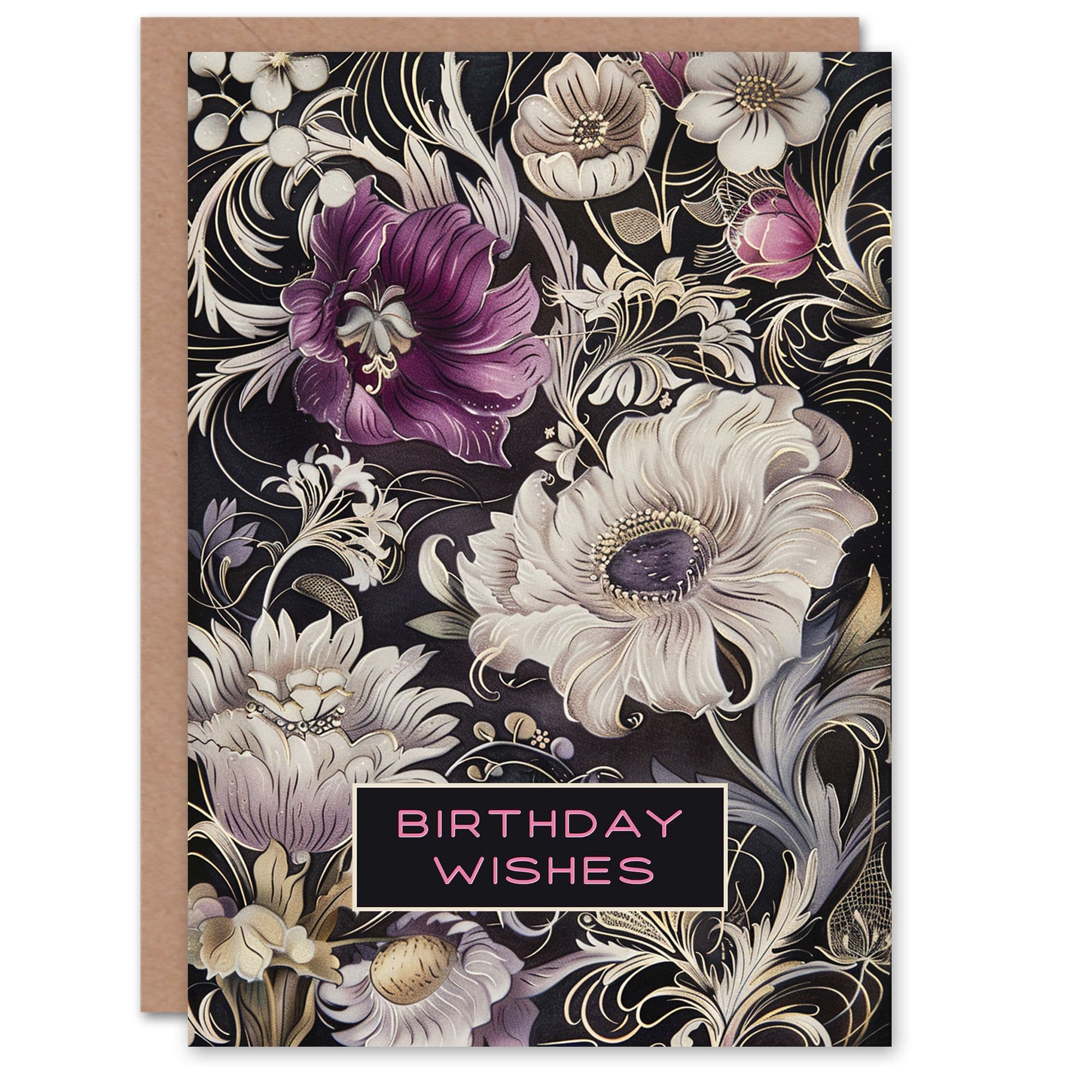 Birthday Card Anemone Flowers Wishes White Purple Filigree