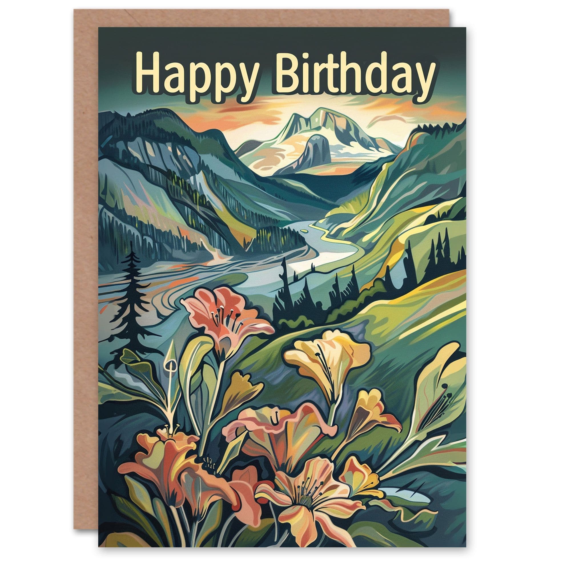 Birthday Card Lily Flowers Scenic Mountain Landscape Sunrise