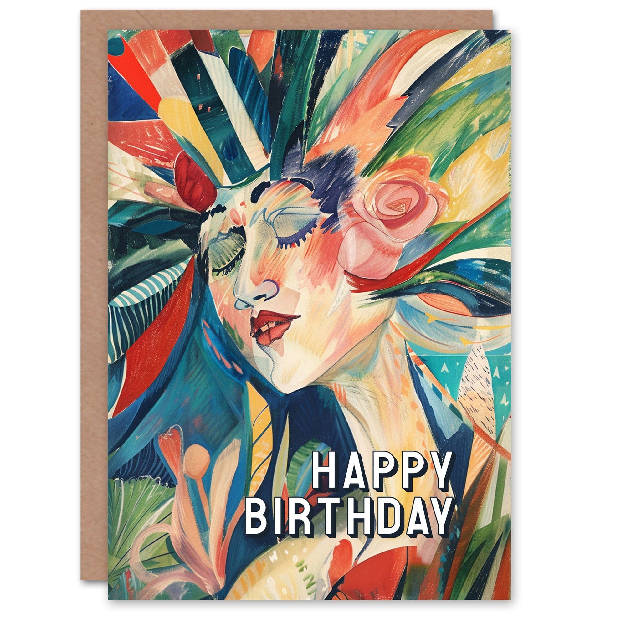 Birthday Card Abstract Floral Woman Face Portrait Painting