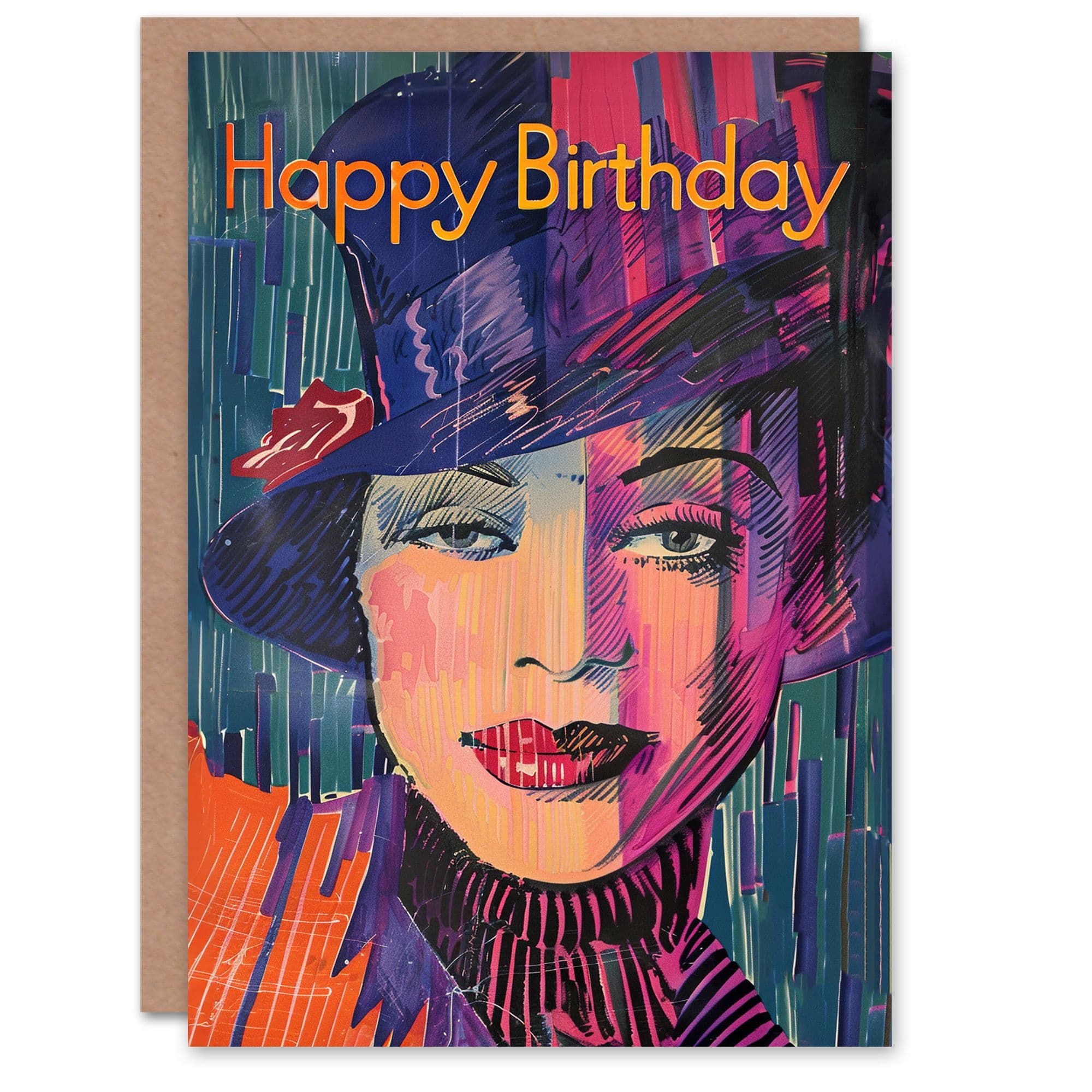 Birthday Card Woman Top Hat Blue Purple Orange Portrait Greeting Card