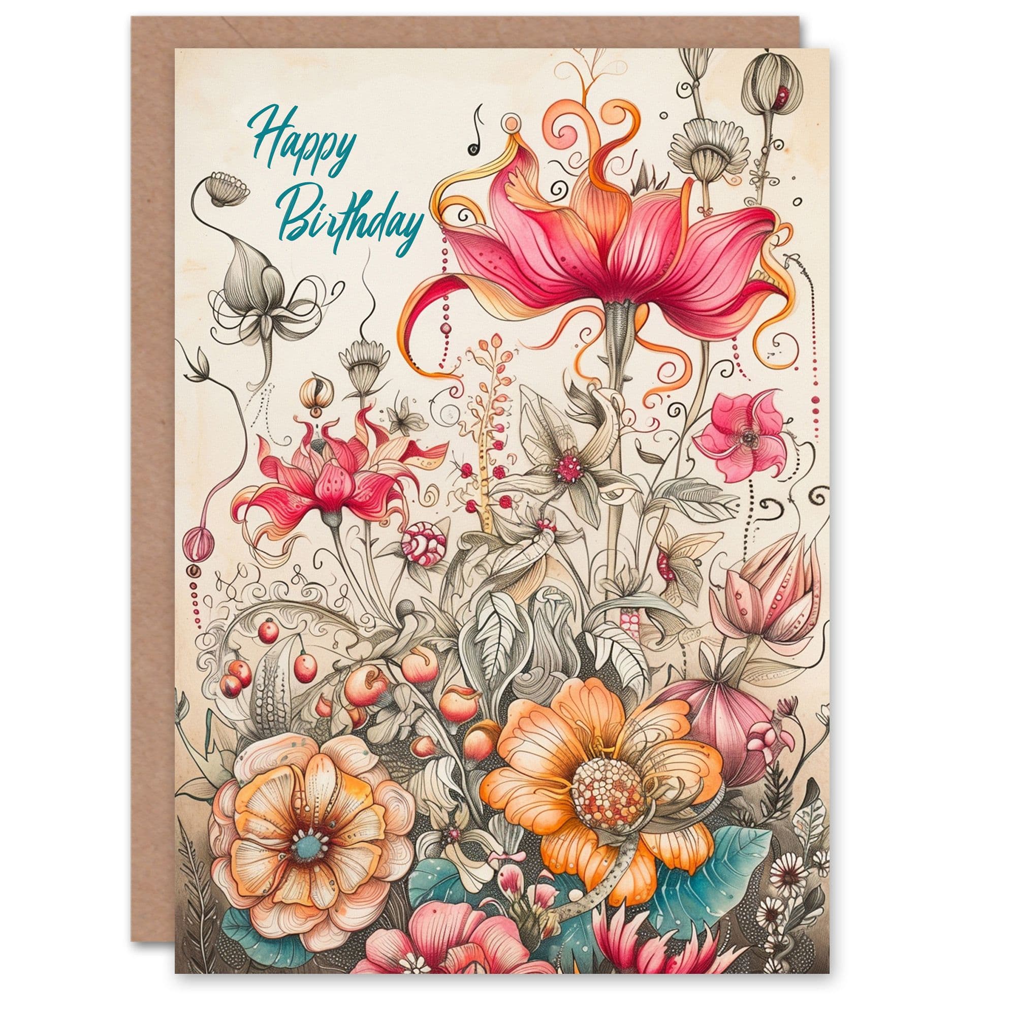Birthday Card Exotic Wild Flowers Fun Botanical Drawing Greeting Card